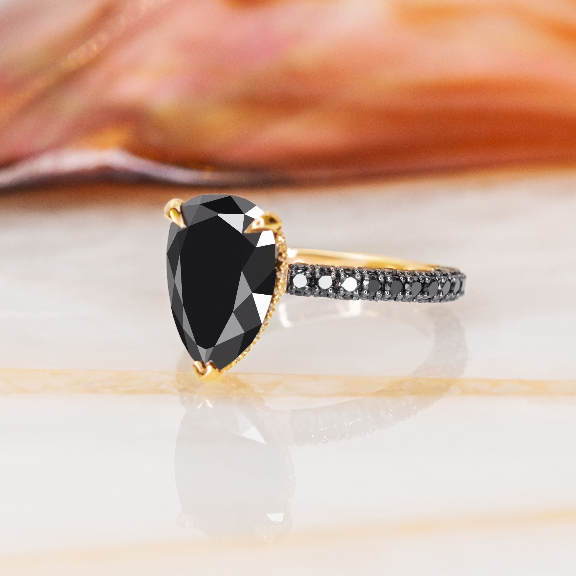 Three Sided Band Black & White Natural Diamond Pear Cut Engagement Ring
