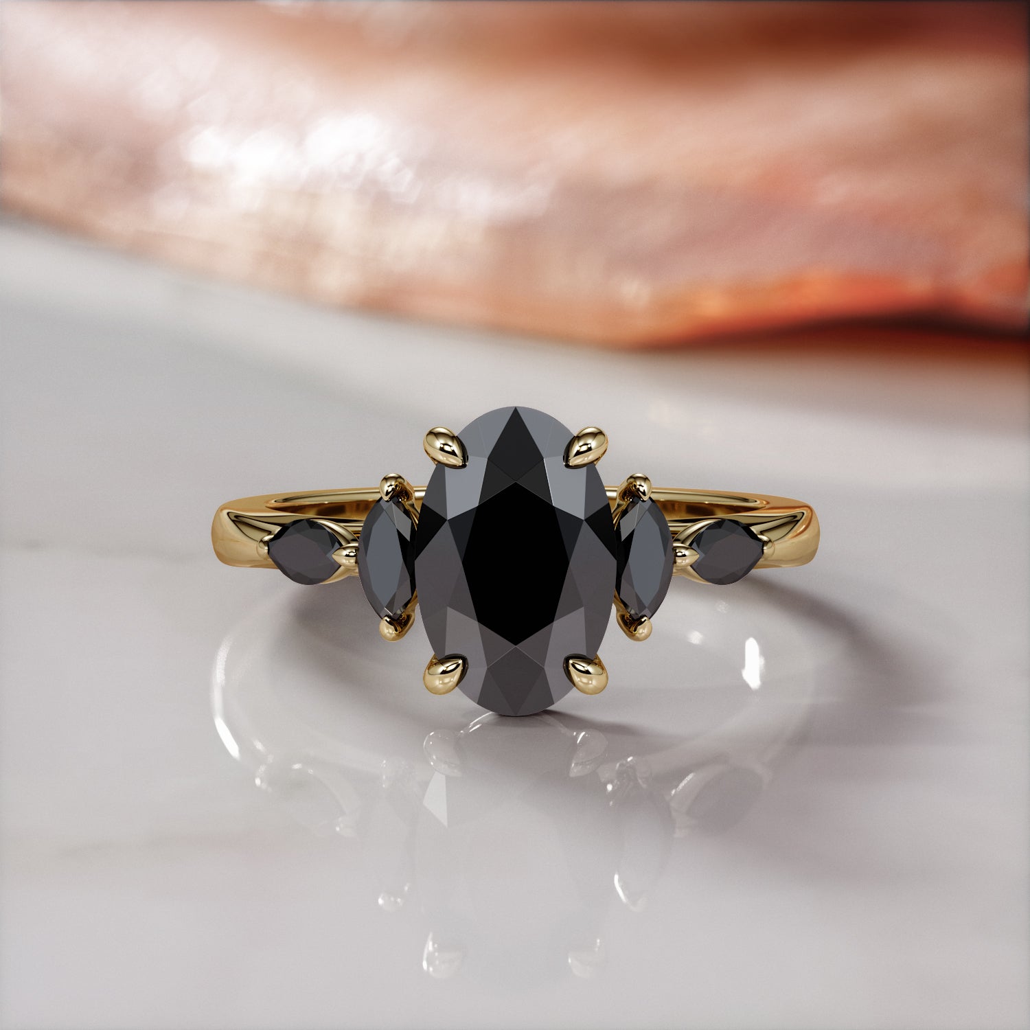 Art Deco Natural Black Diamond Oval Engagement Ring