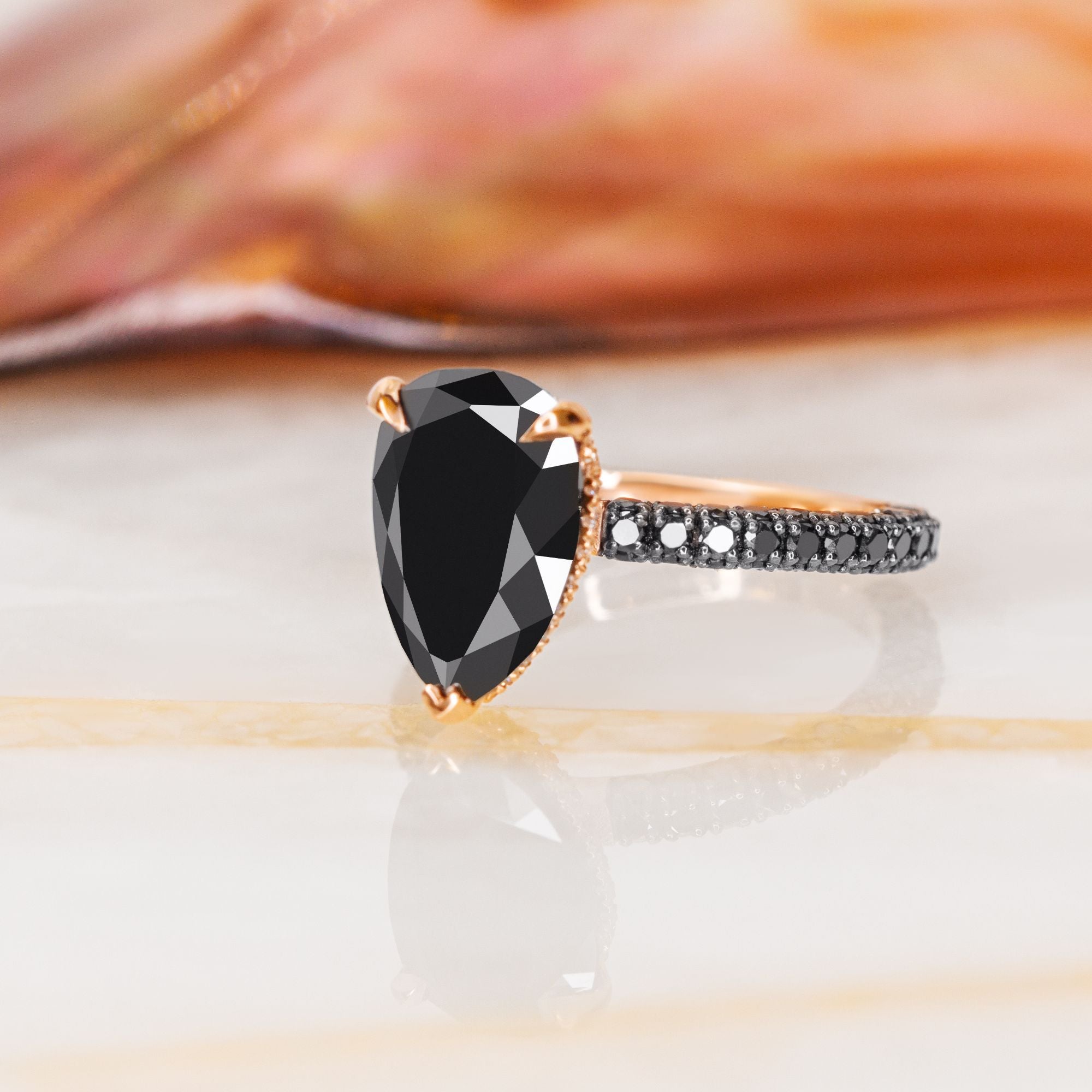 Three Sided Band Black & White Natural Diamond Pear Cut Engagement Ring