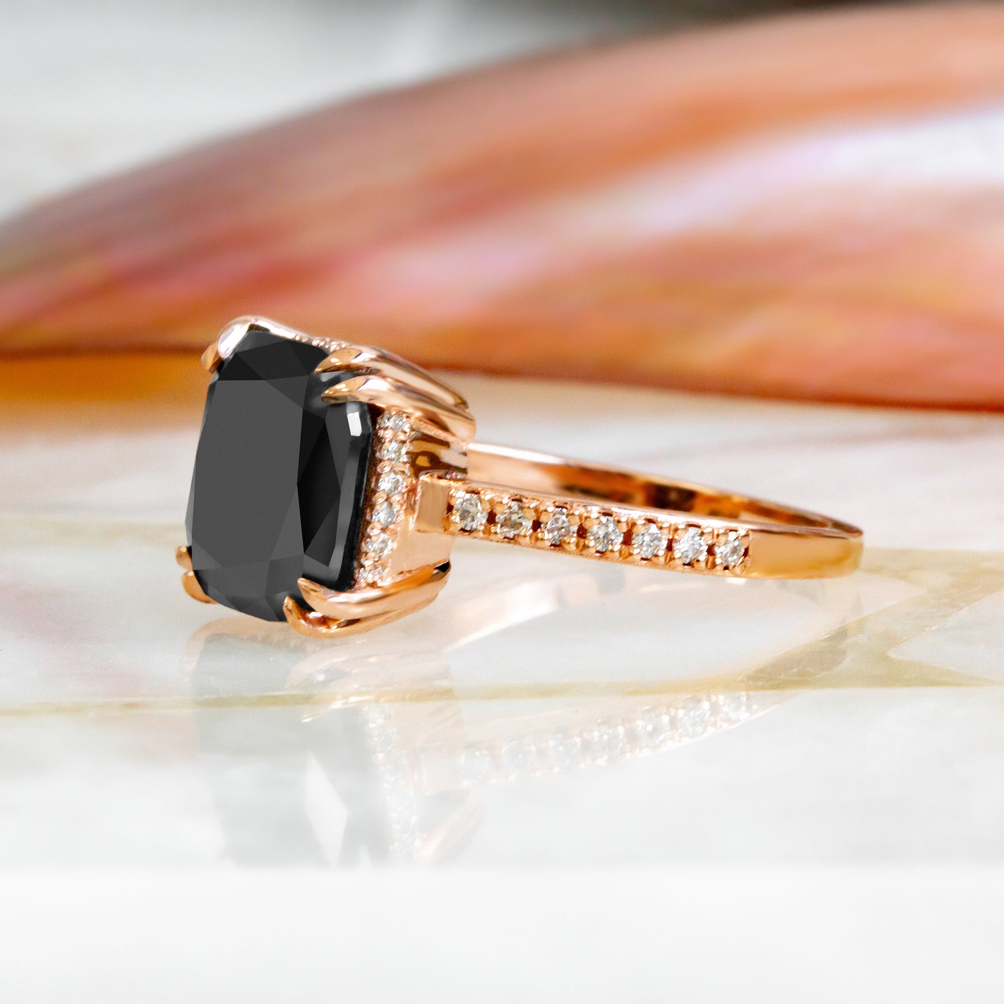 Art Deco  Natural Black Diamond Cushion Engagement Ring