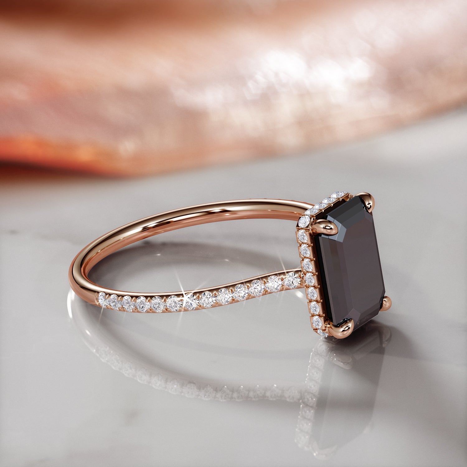 Art Deco  Natural Black Diamond Emerald Cut Engagement Ring