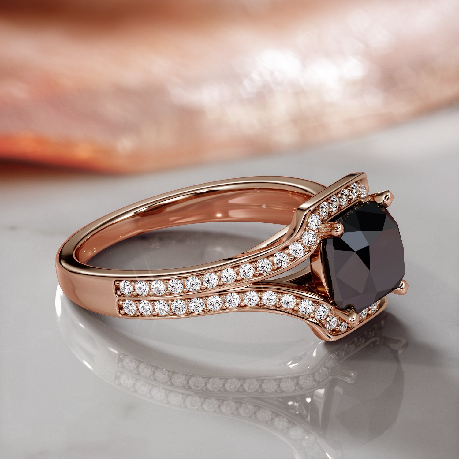Deco  Natural Black Diamond Cushion Engagement Ring