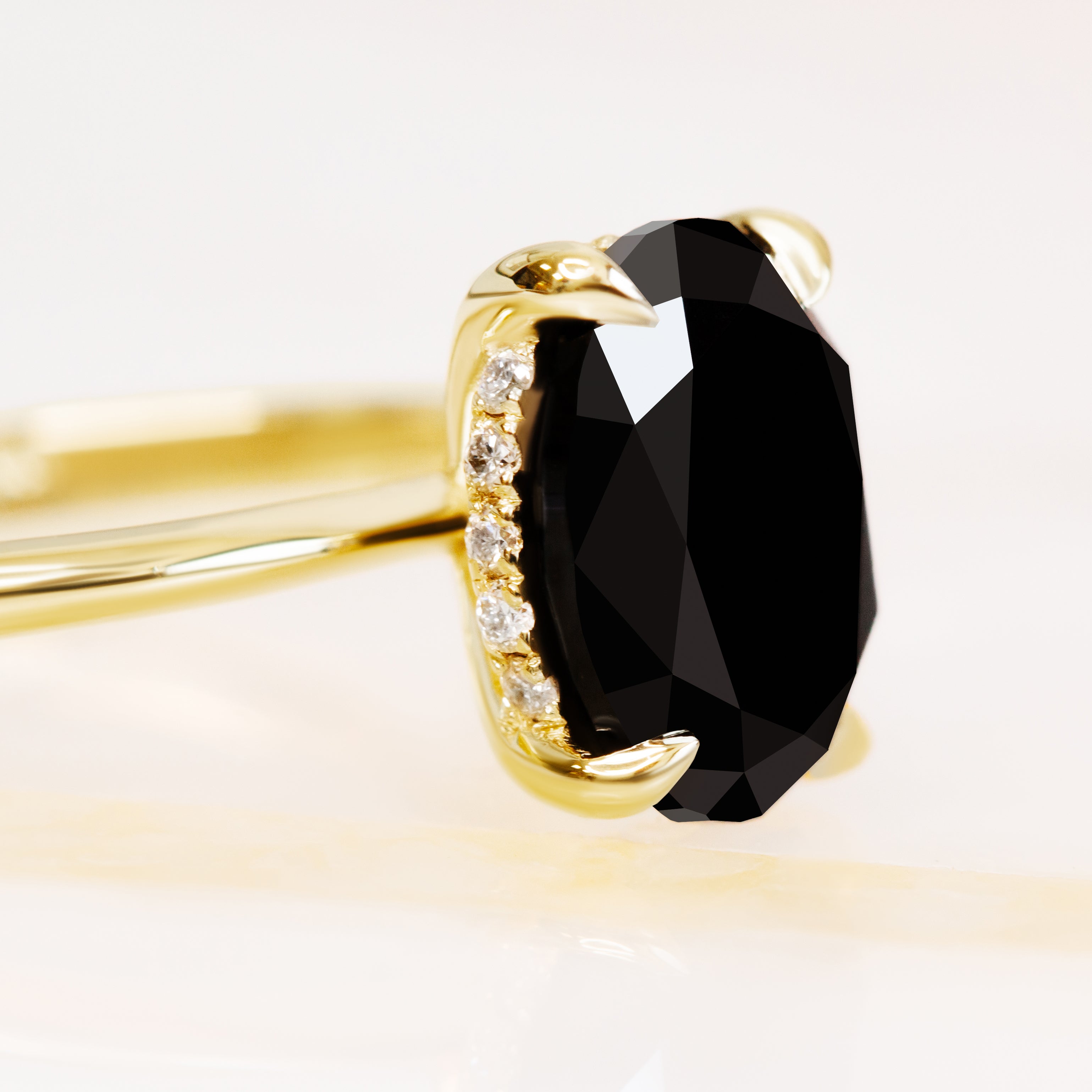 Solitaire Natural Black Diamond Oval Engagement Ring in Yellow Gold