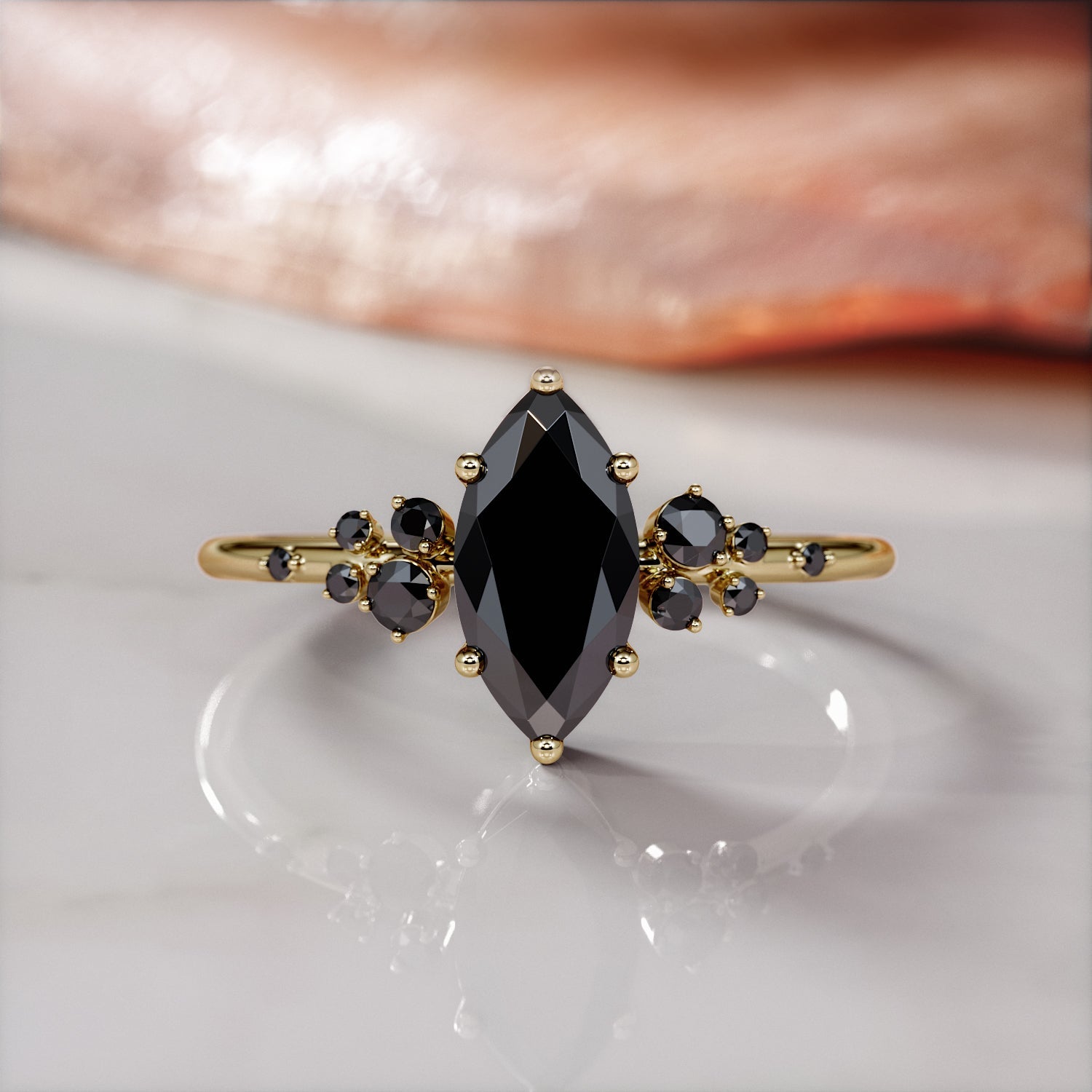 Cluster  Natural Black Diamond Marquise Engagement Ring  in Yellow Gold