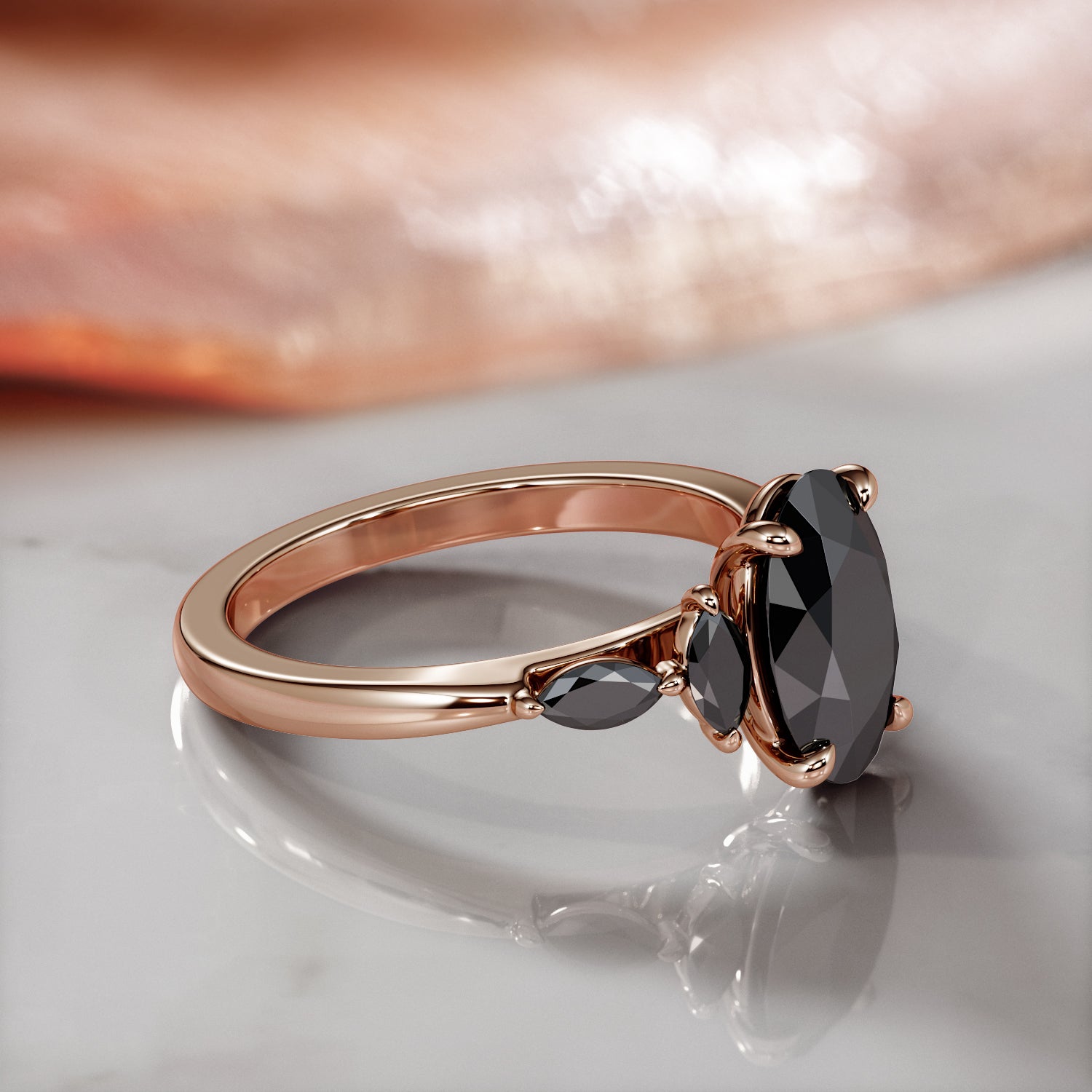 Art Deco Natural Black Diamond Oval Engagement Ring