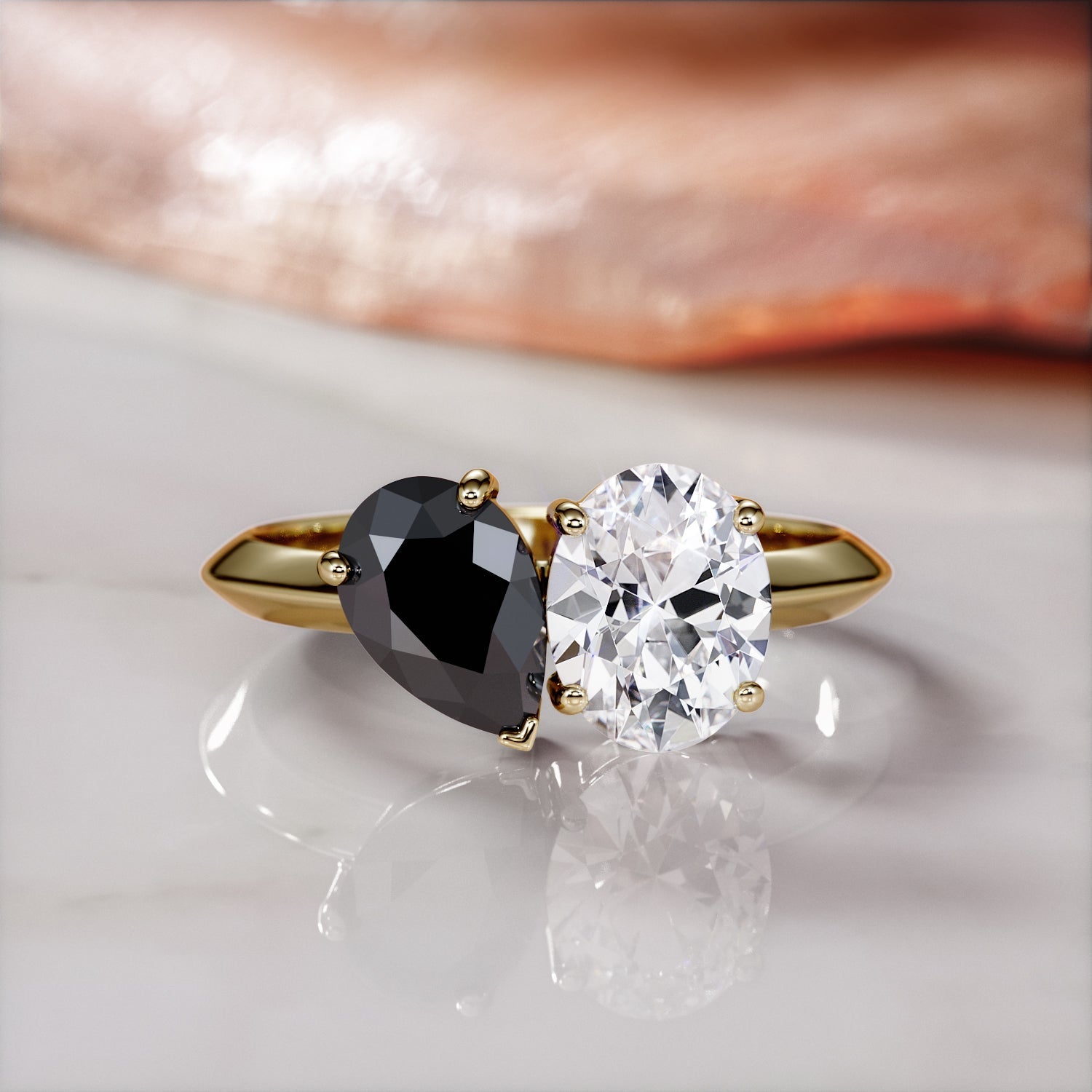 Two Stone Natural Black Diamond Pear Engagement Ring in Yellow Gold