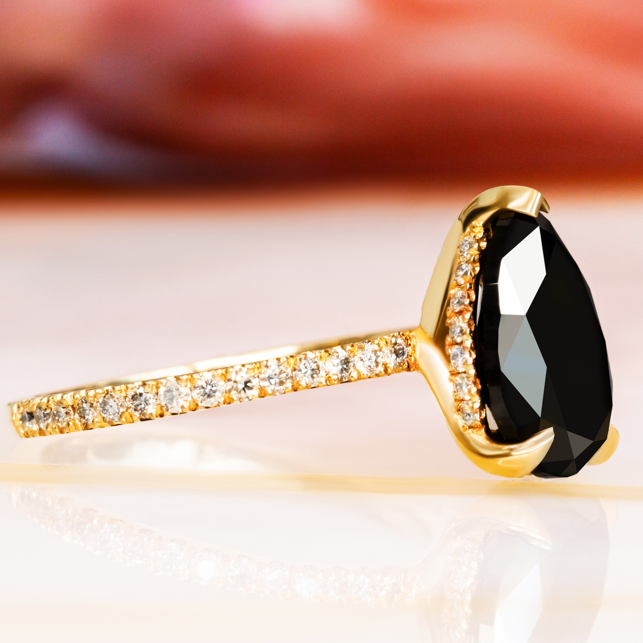 Hidden Halo Natural Black Diamond Pear Engagement Ring in Yellow Gold