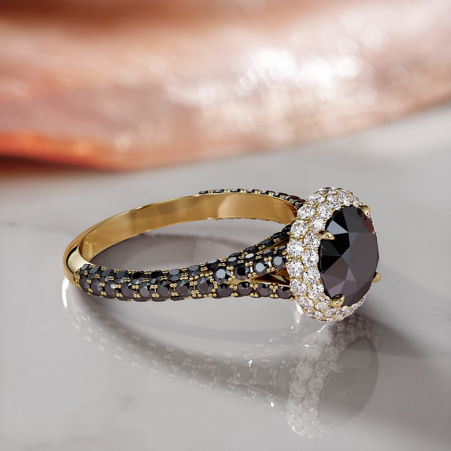 Double Halo Natural Black Diamond Round Engagement Ring