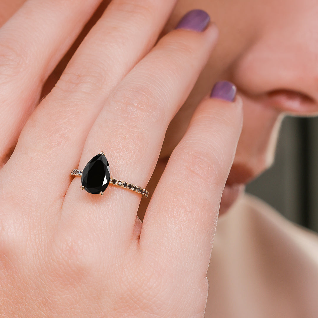 Unique  Natural Black Diamond Pear Engagement Ring