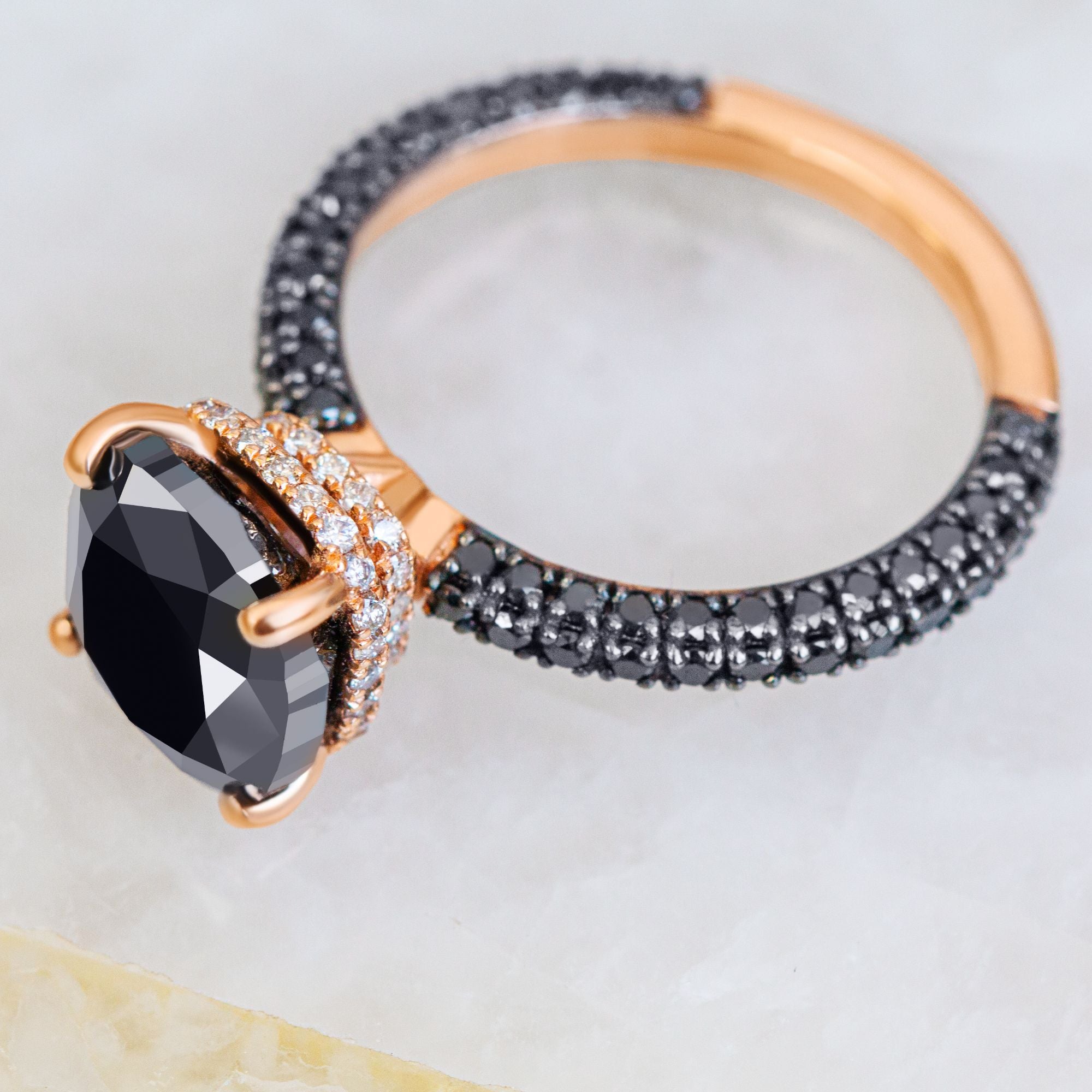 6.44 Carats Three-Sided Band Natural Black Diamond Cushion Engagement Ring