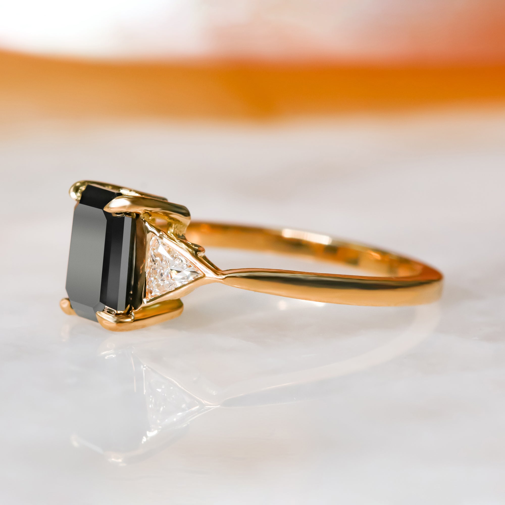 Three Stone Natural Black Diamond Emerald Cut & Triangle Engagement Ring in 14K Gold