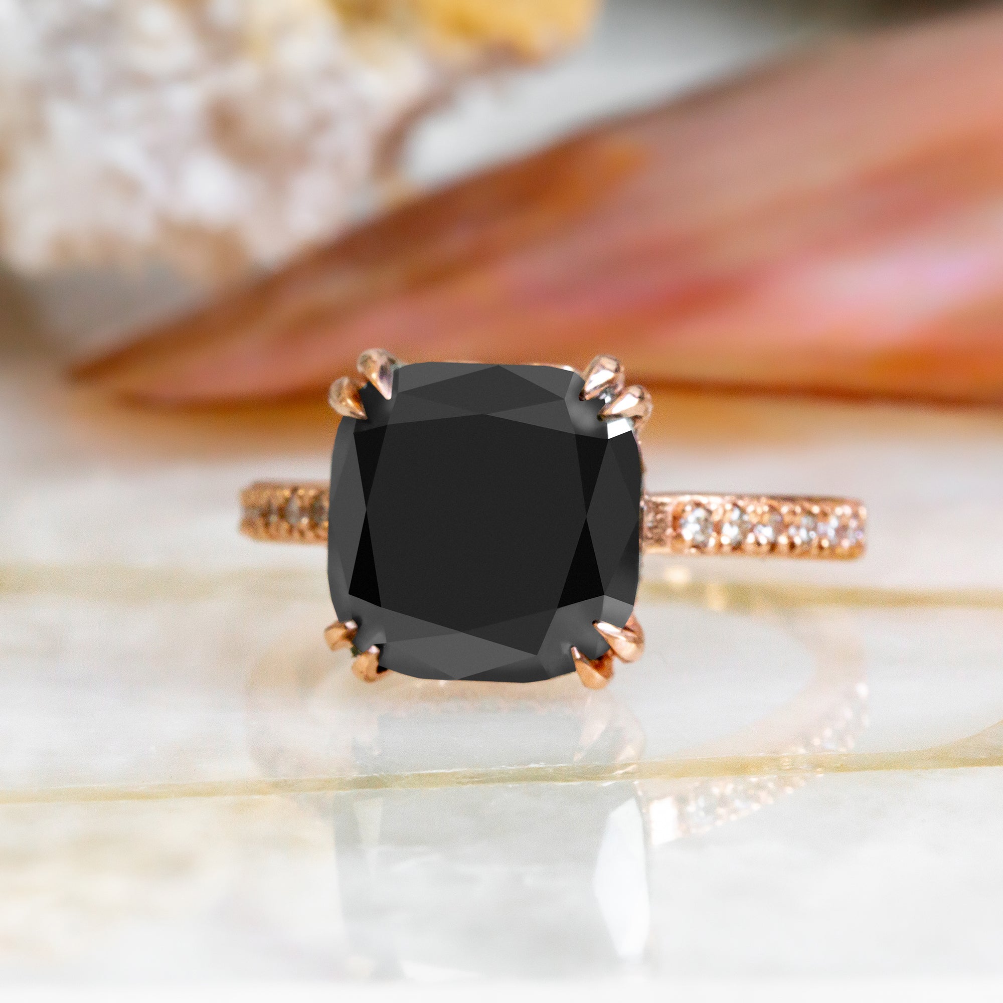 Art Deco  Natural Black Diamond Cushion Engagement Ring