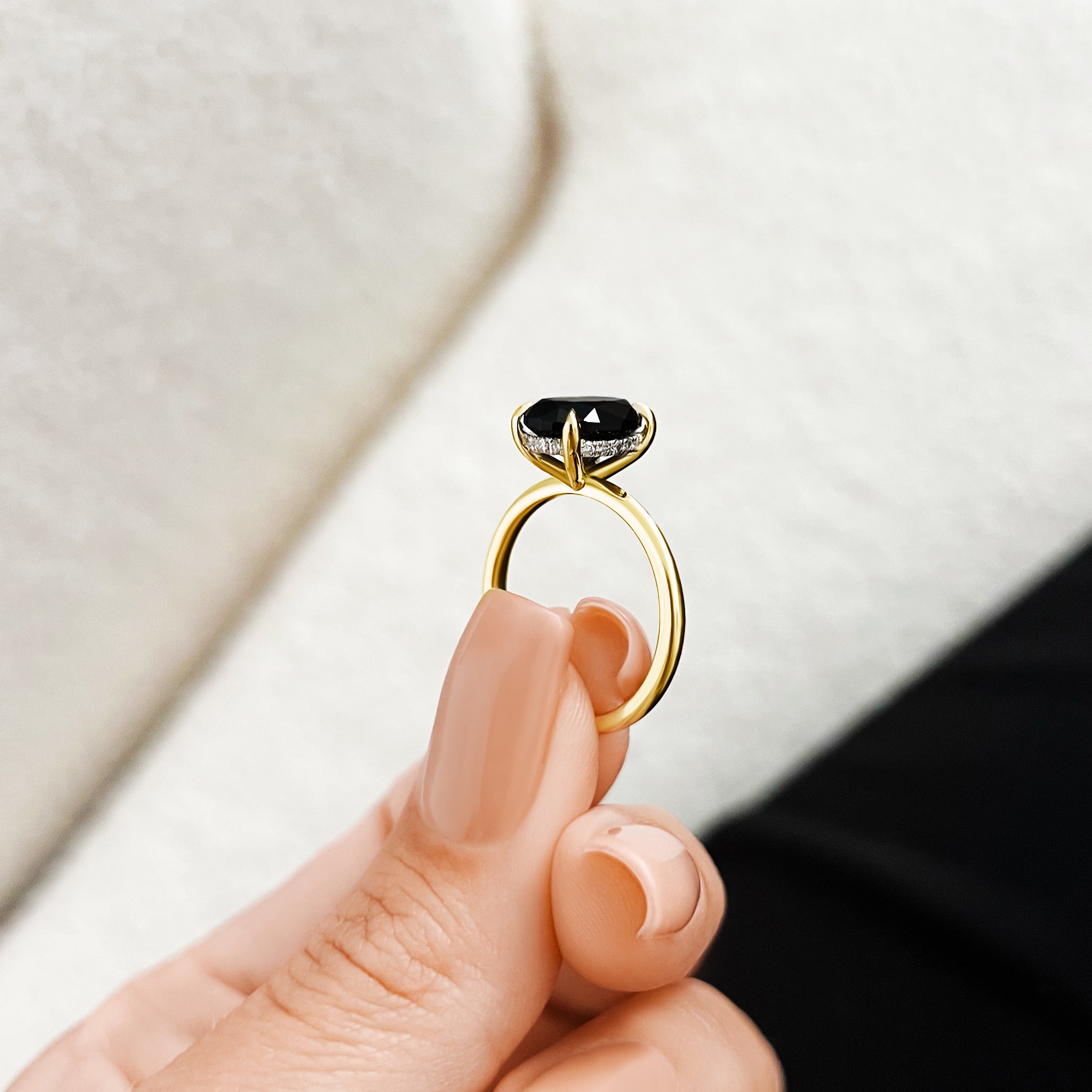 Solitaire Natural Black Diamond Oval Engagement Ring in Yellow Gold