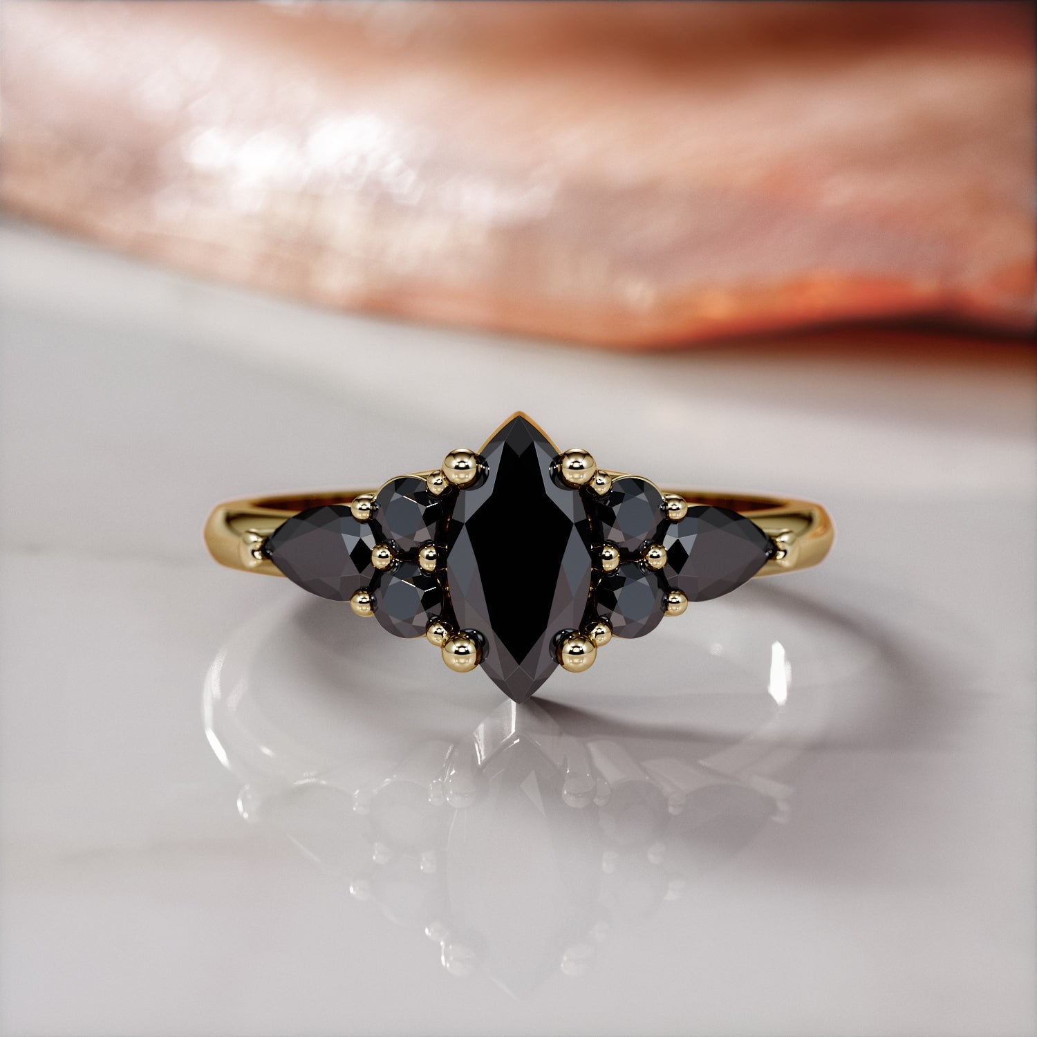 Art Deco  Natural Black Diamond Marquise Engagement Ring in Yellow Gold