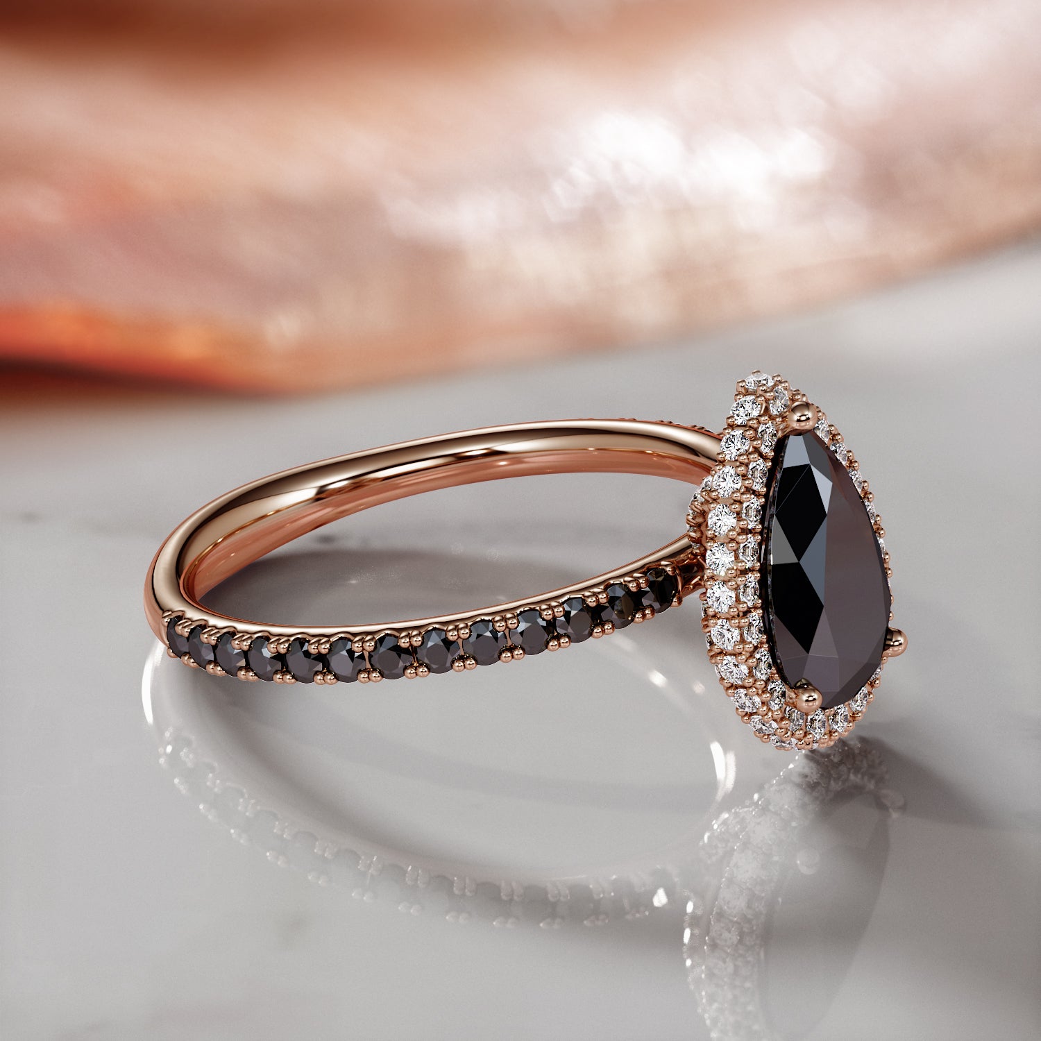 Double Halo  Natural Black Diamond Pear Engagement Ring