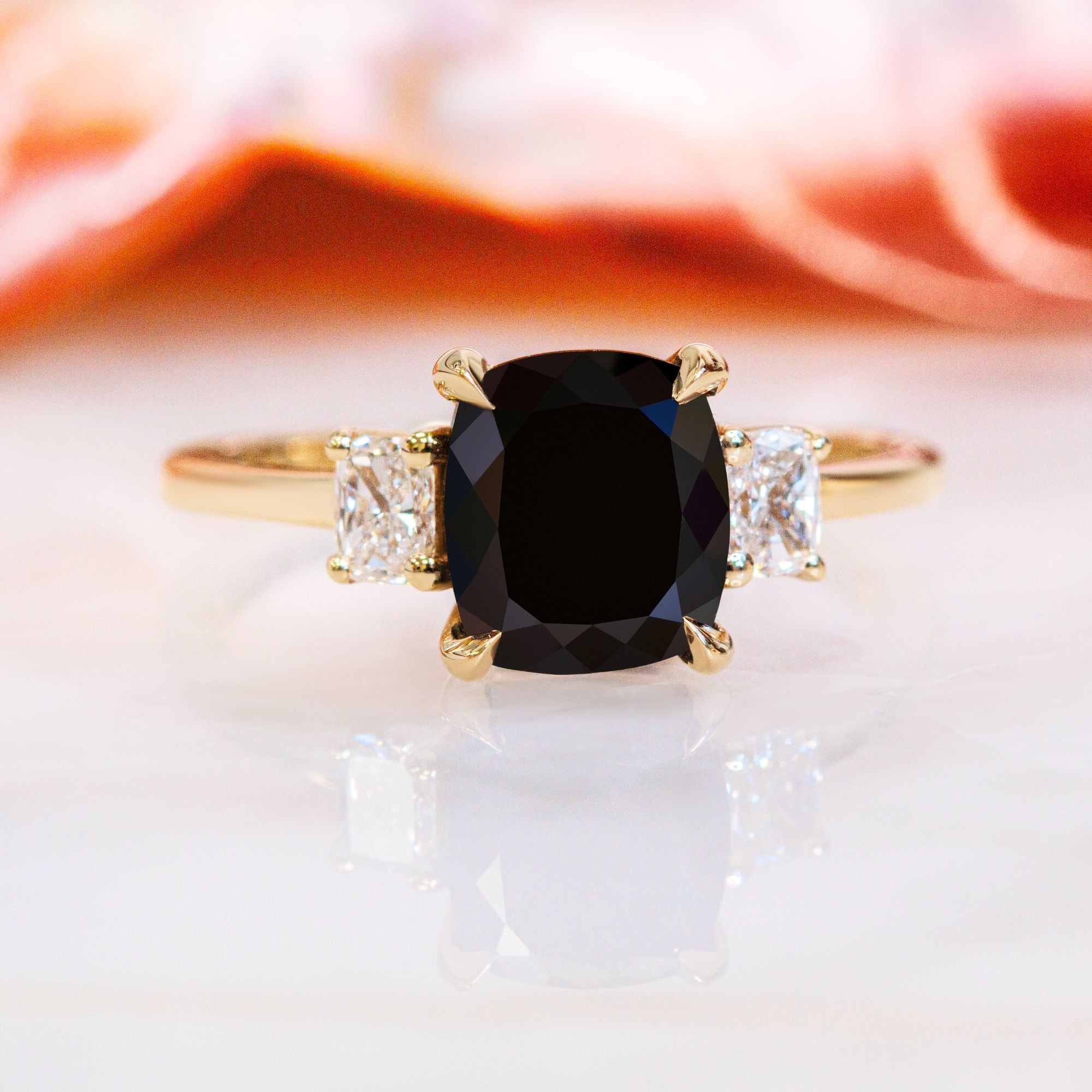Three Stone  Natural Black Diamond Cushion Engagement Ring  in Yellow Gold