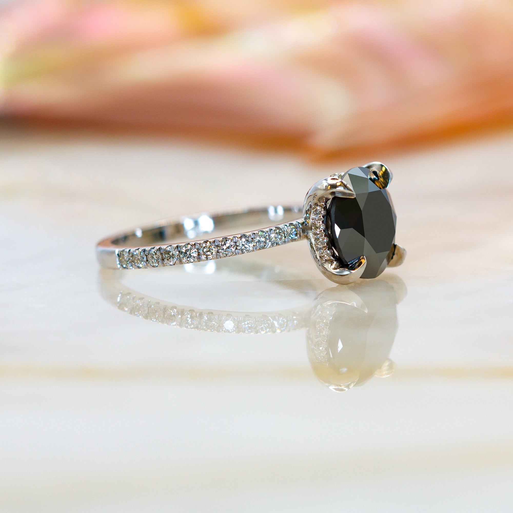 Black & White   Natural Black Diamond Round Engagement Ring  in White  Gold