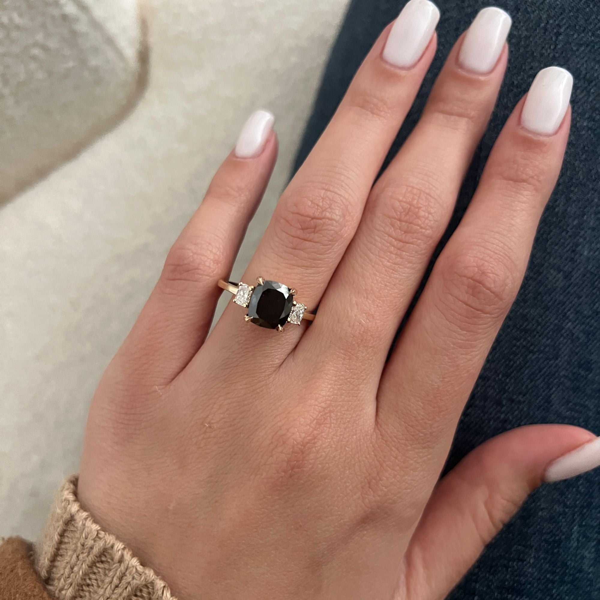 Three Stone  Natural Black Diamond Cushion Engagement Ring  in Yellow Gold