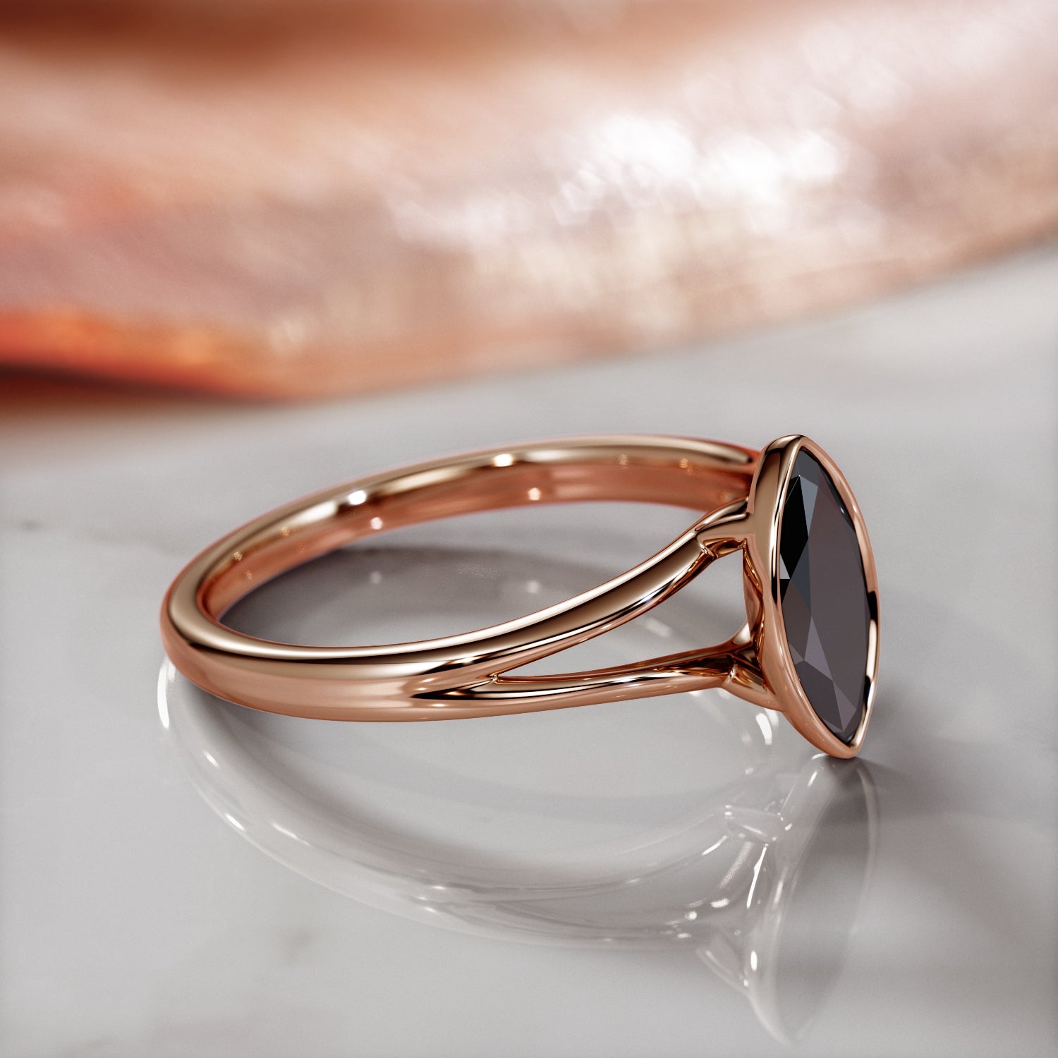 Bezel  Natural Black Diamond Marquis Engagement Ring  in 14K Gold