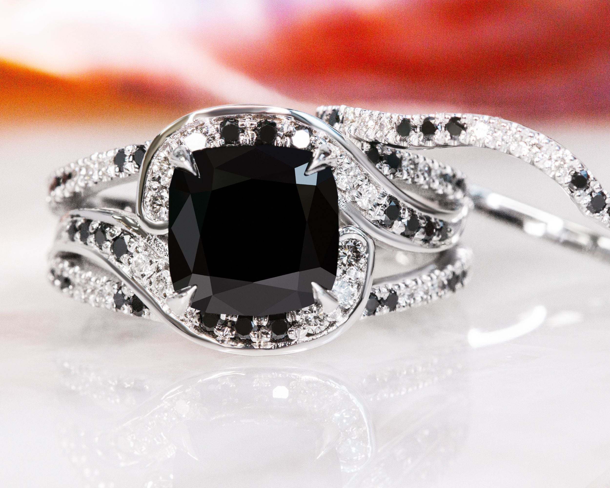Black & White   Natural Black Diamond Cushion Engagement Ring  in White Gold