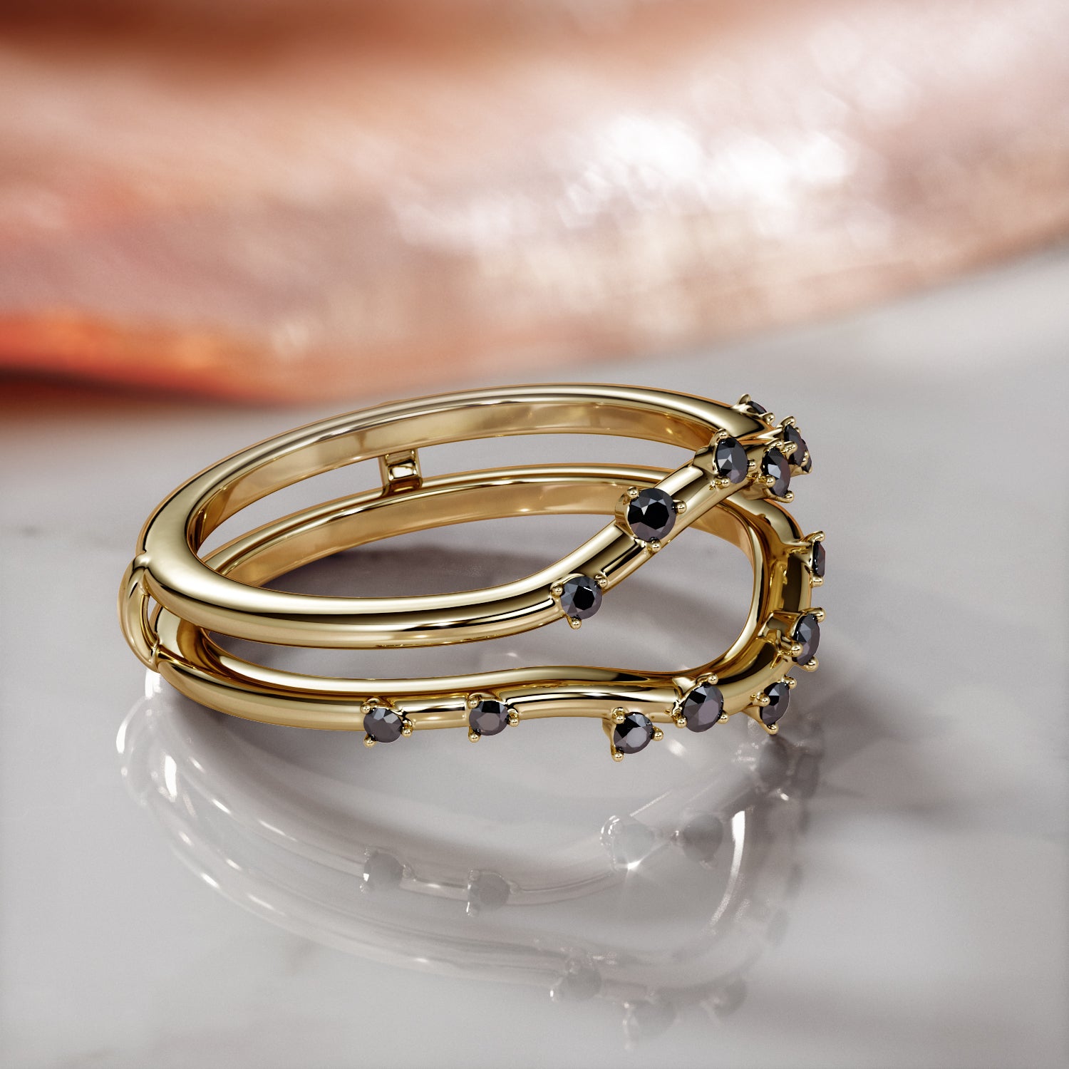 Double Band Natural Black Diamond Wedding Band