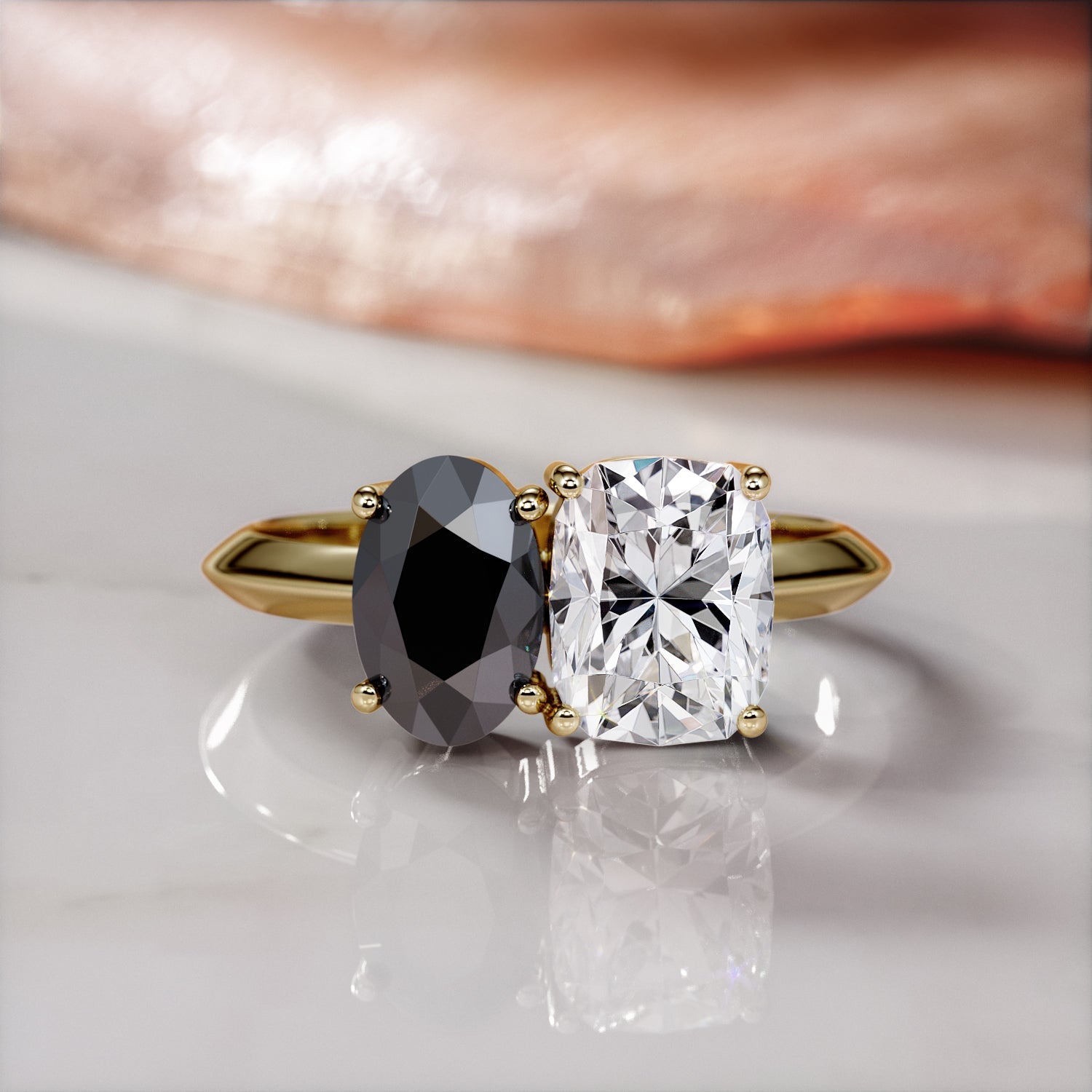 Two Stone Natural Black Diamond Oval Engagement Ring in Yellow Gold