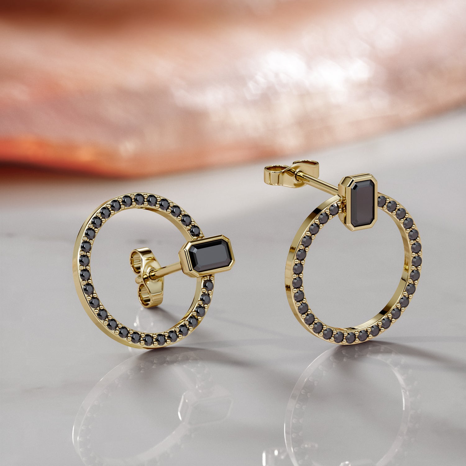 Bezel Natural Black Diamond Emerald Earrings