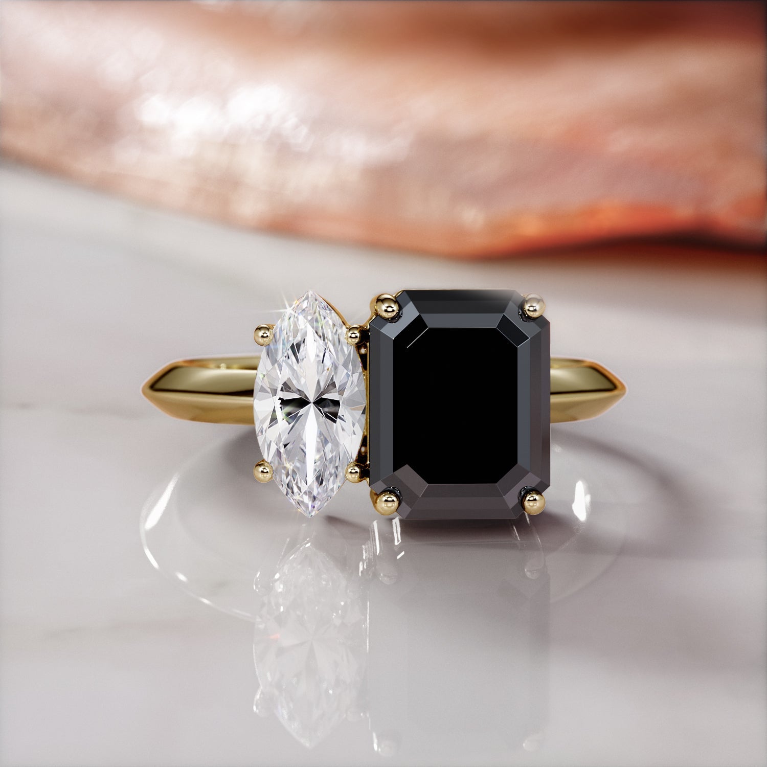 Two Stone  Natural Black Diamond Emerald Engagement Ring  in Yellow Gold