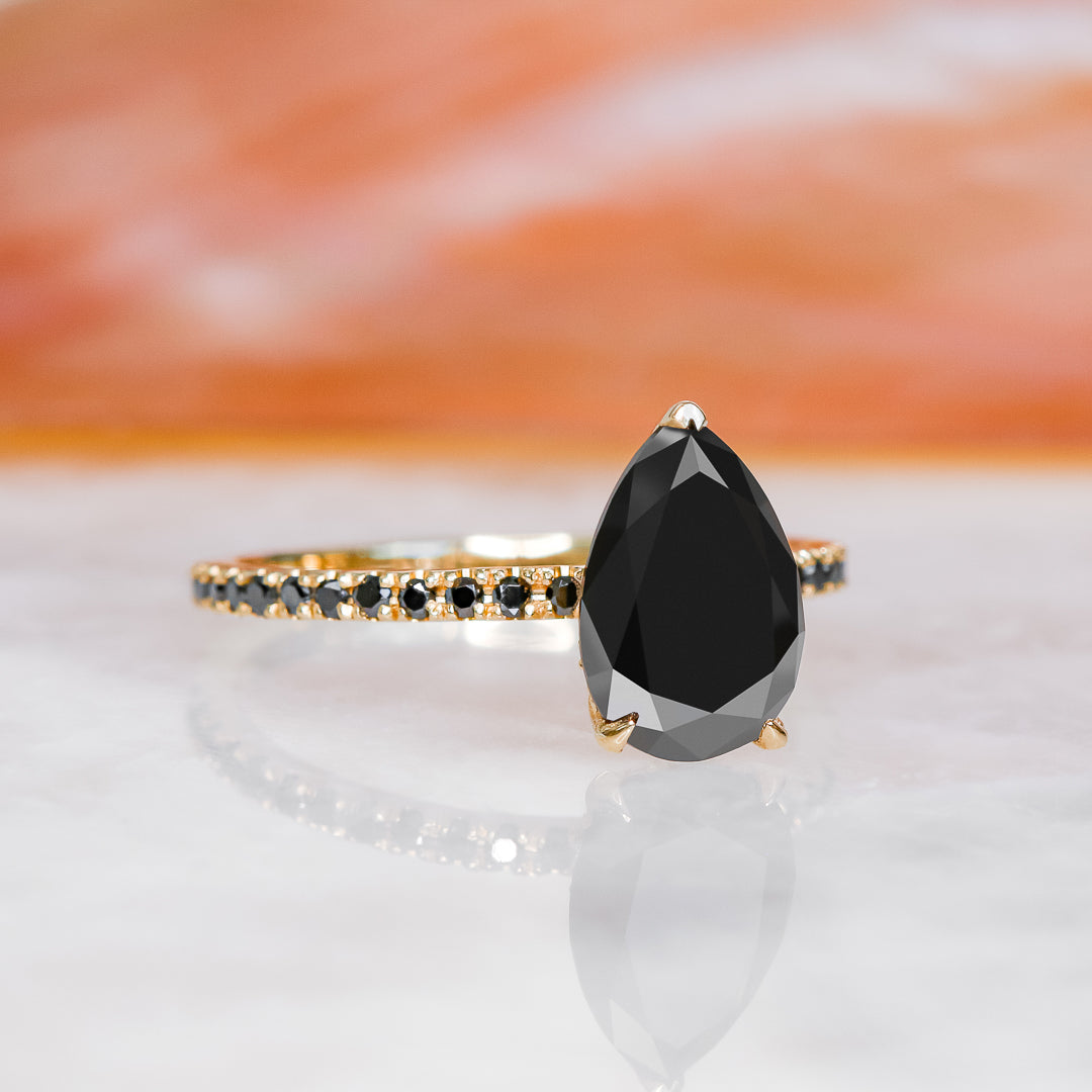 Unique  Natural Black Diamond Pear Engagement Ring