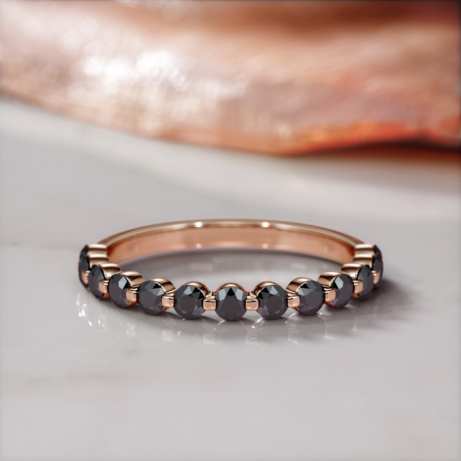 Half Eternity  Natural Black Diamond  Engagement Ring  in Rose Gold