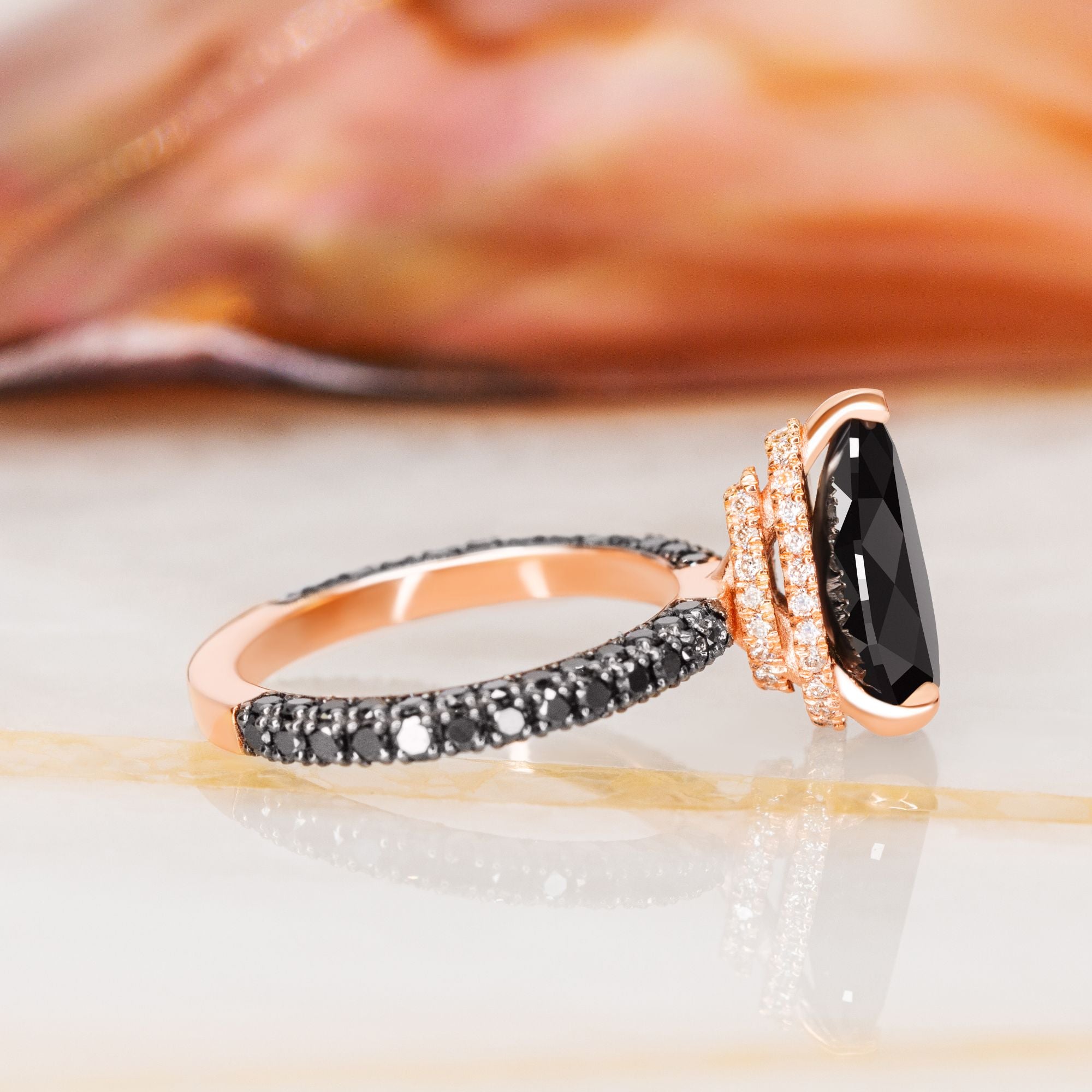 Three Sided Band Black & White Natural Diamond Pear Cut Engagement Ring