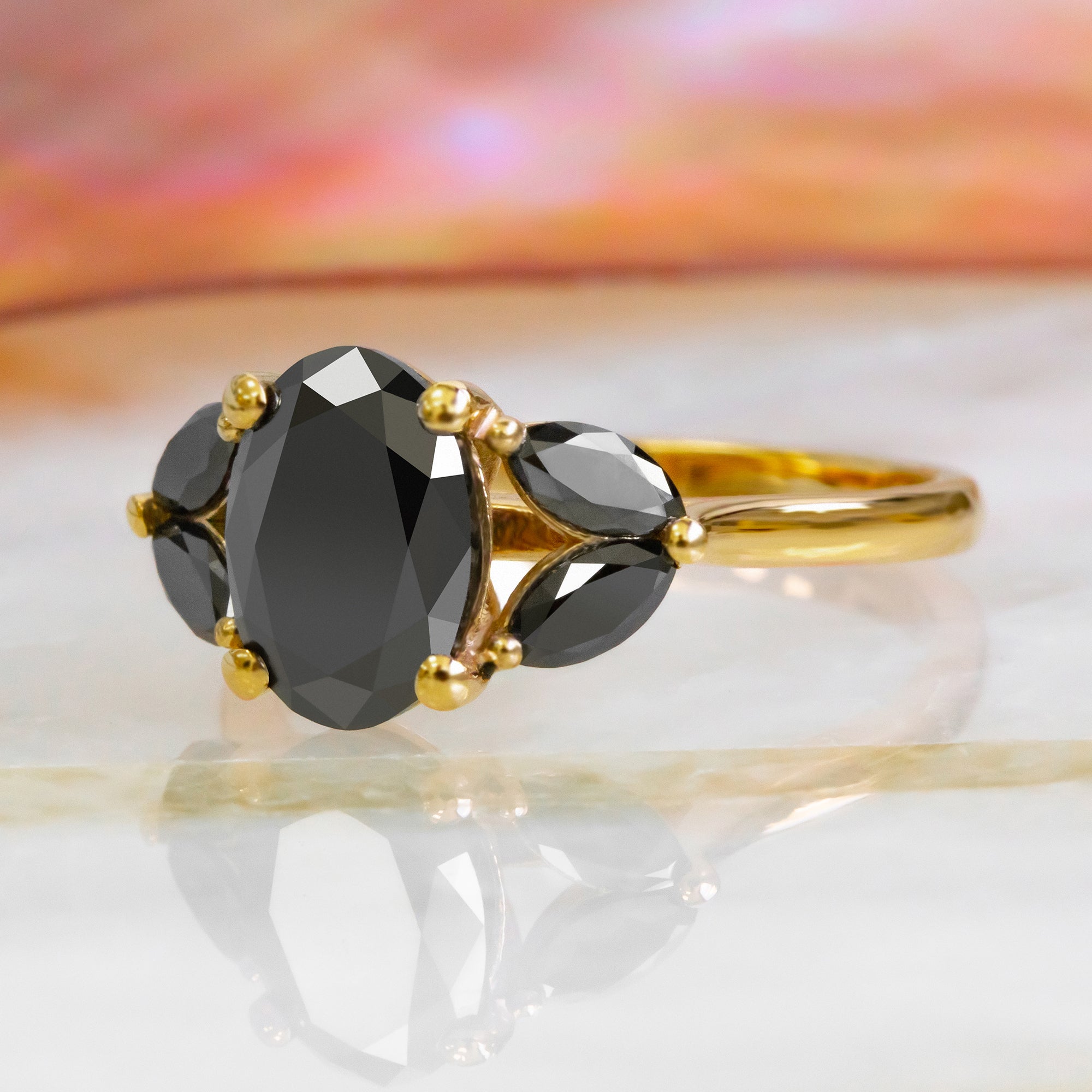 Art Deco  Natural Black Diamond Oval Engagement Ring