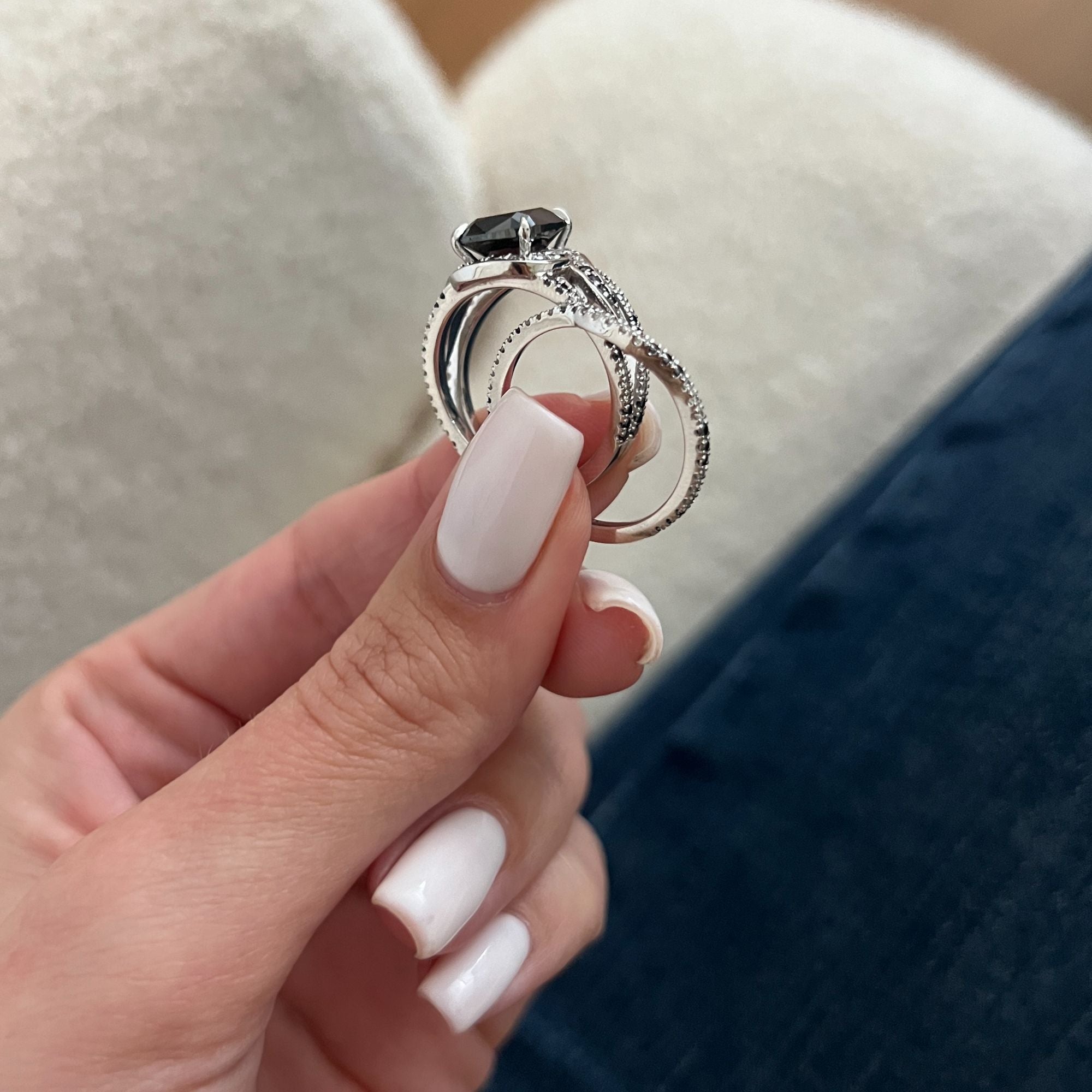 Black & White   Natural Black Diamond Cushion Engagement Ring  in White Gold