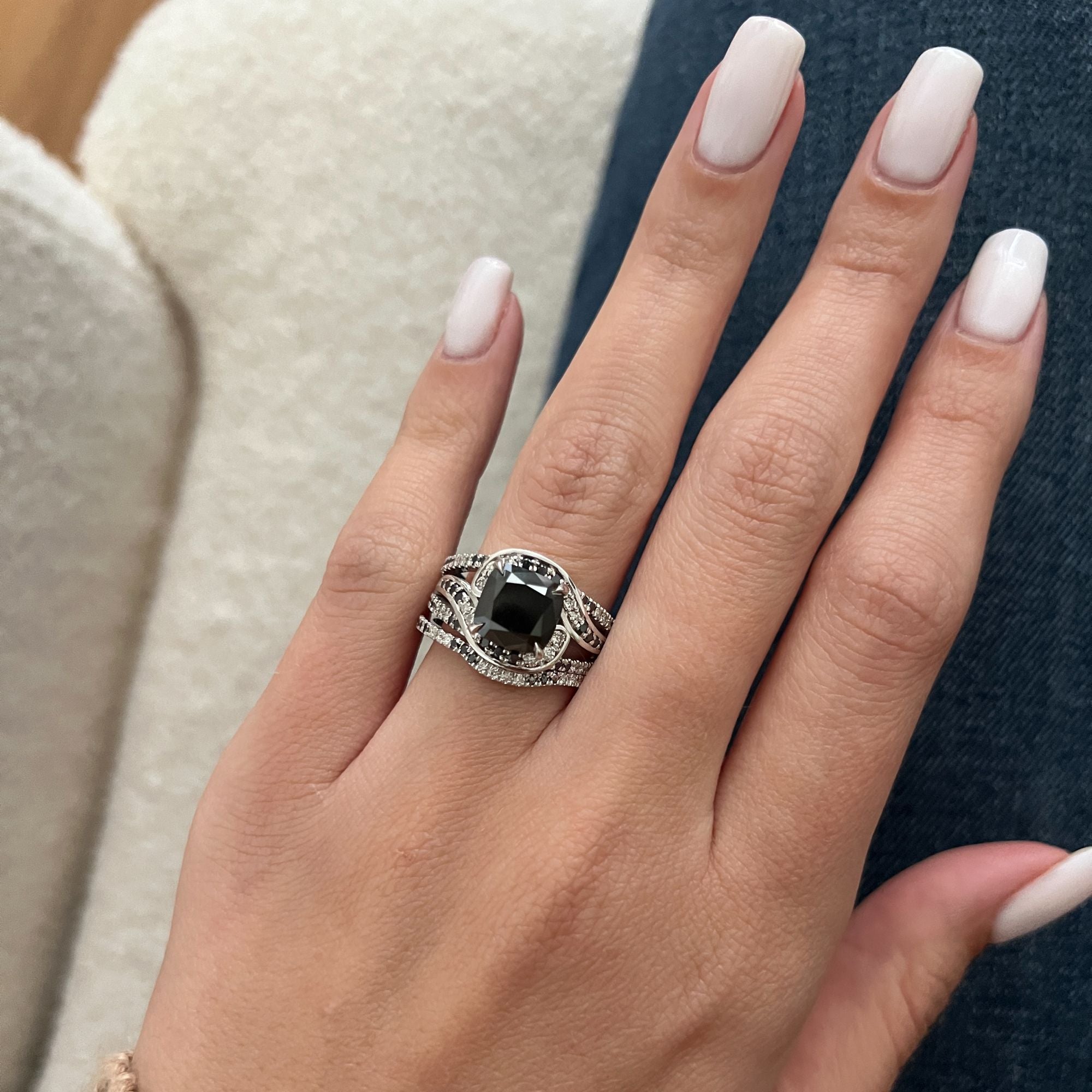 Black & White   Natural Black Diamond Cushion Engagement Ring  in White Gold