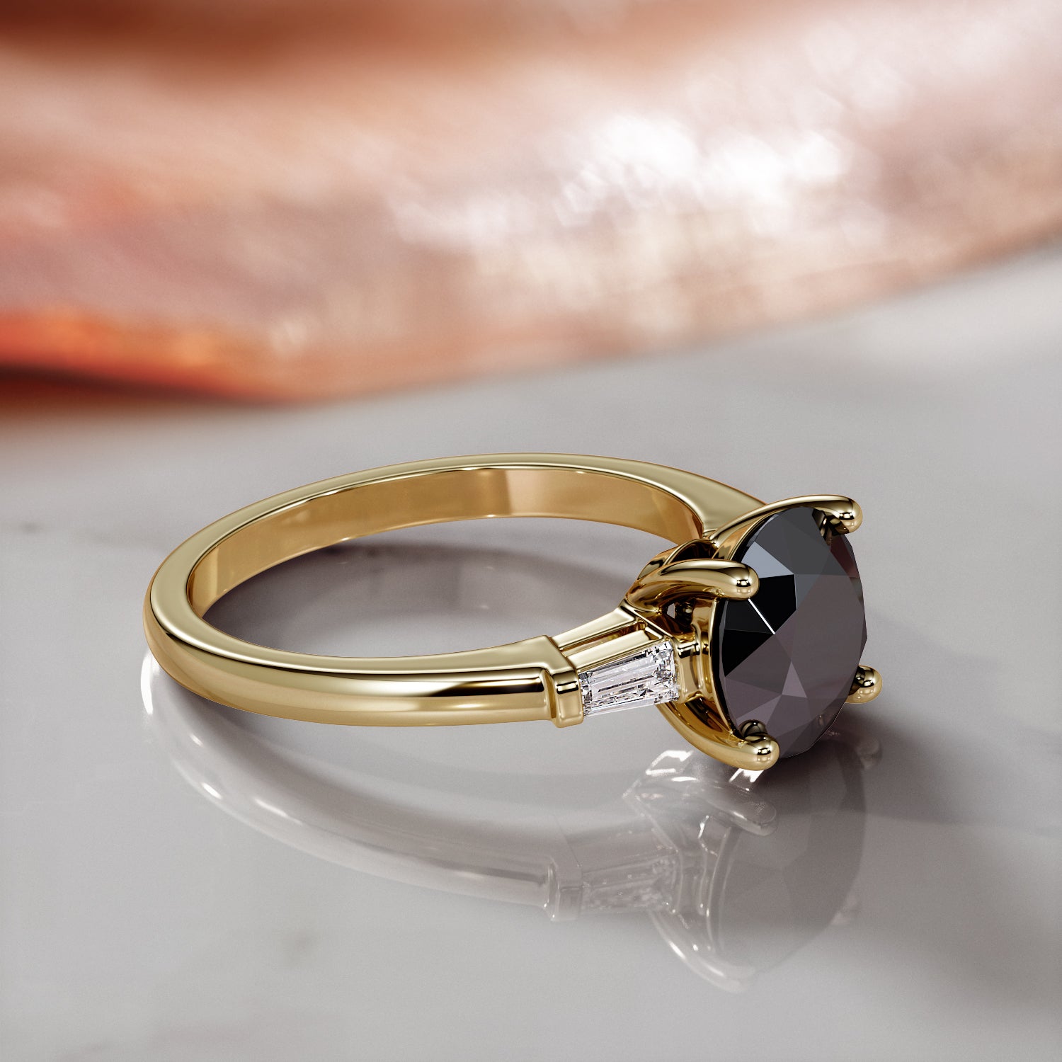Art-Deco Natural Black Diamond Round Engagement Ring