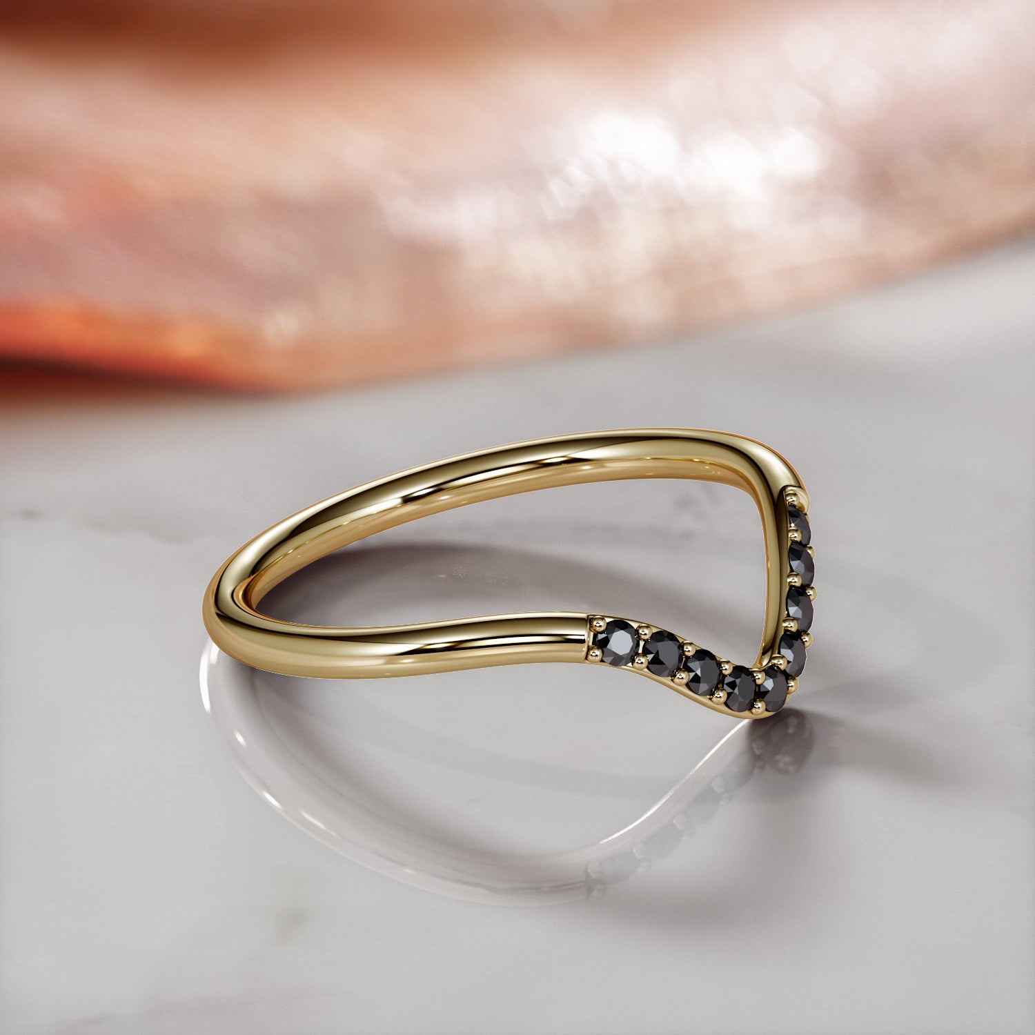 Curved Natural Black Diamond Wedding RIng