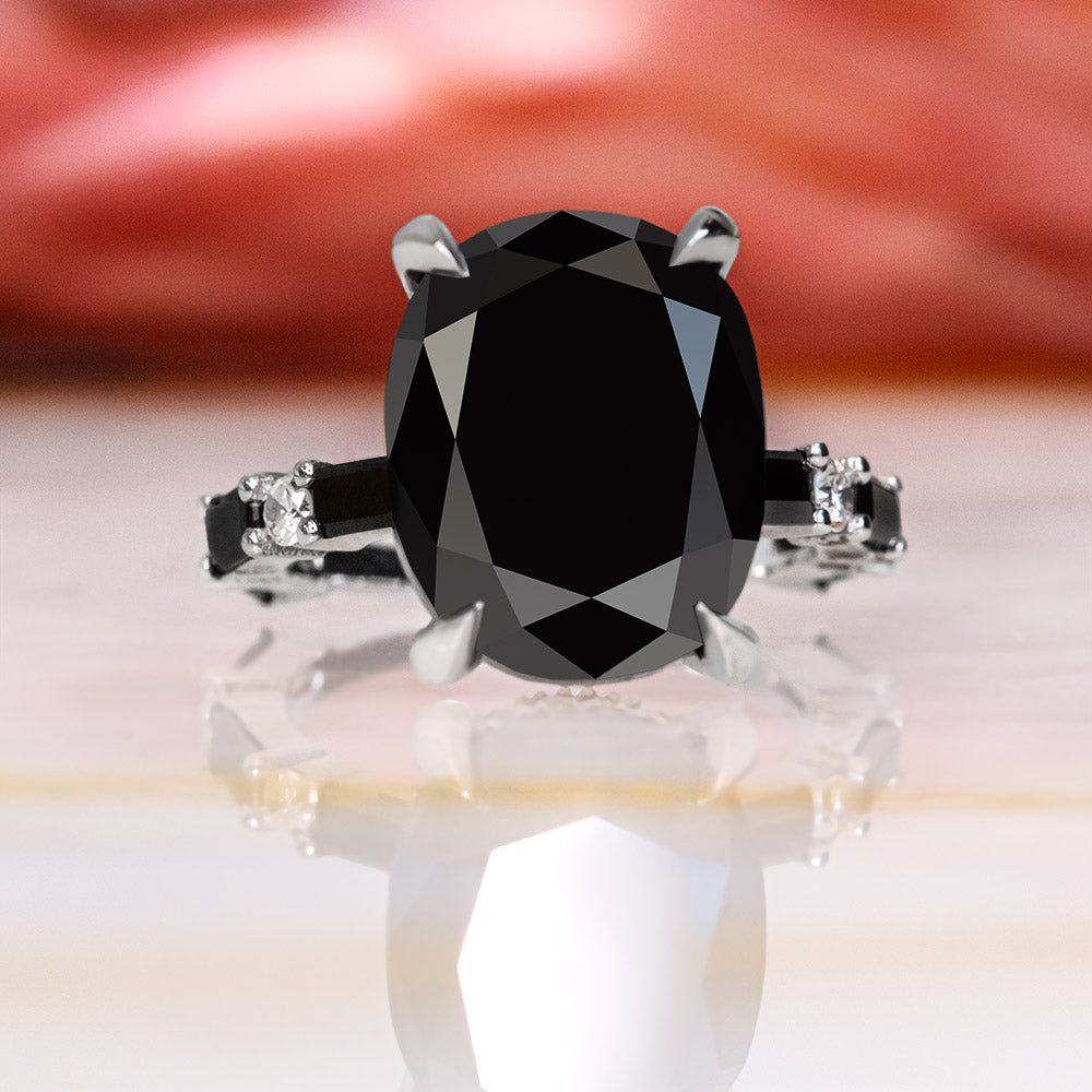 Art Deco  Natural Black Diamond Oval Engagement Ring