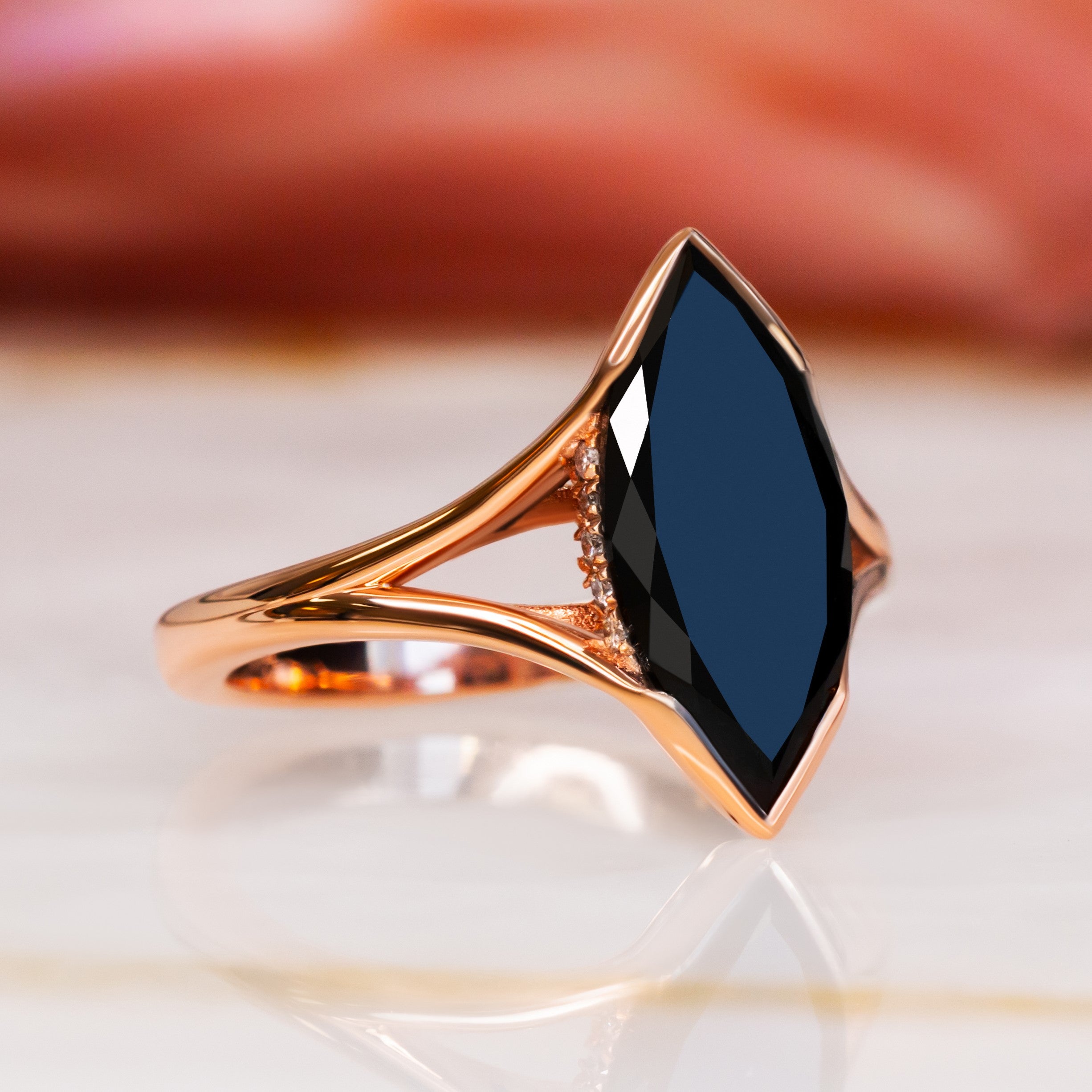 Art Deco  Natural Black Diamond Marquise Engagement Ring in Rose  Gold