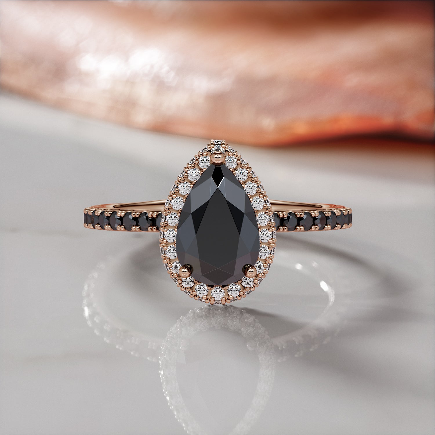Double Halo  Natural Black Diamond Pear Engagement Ring