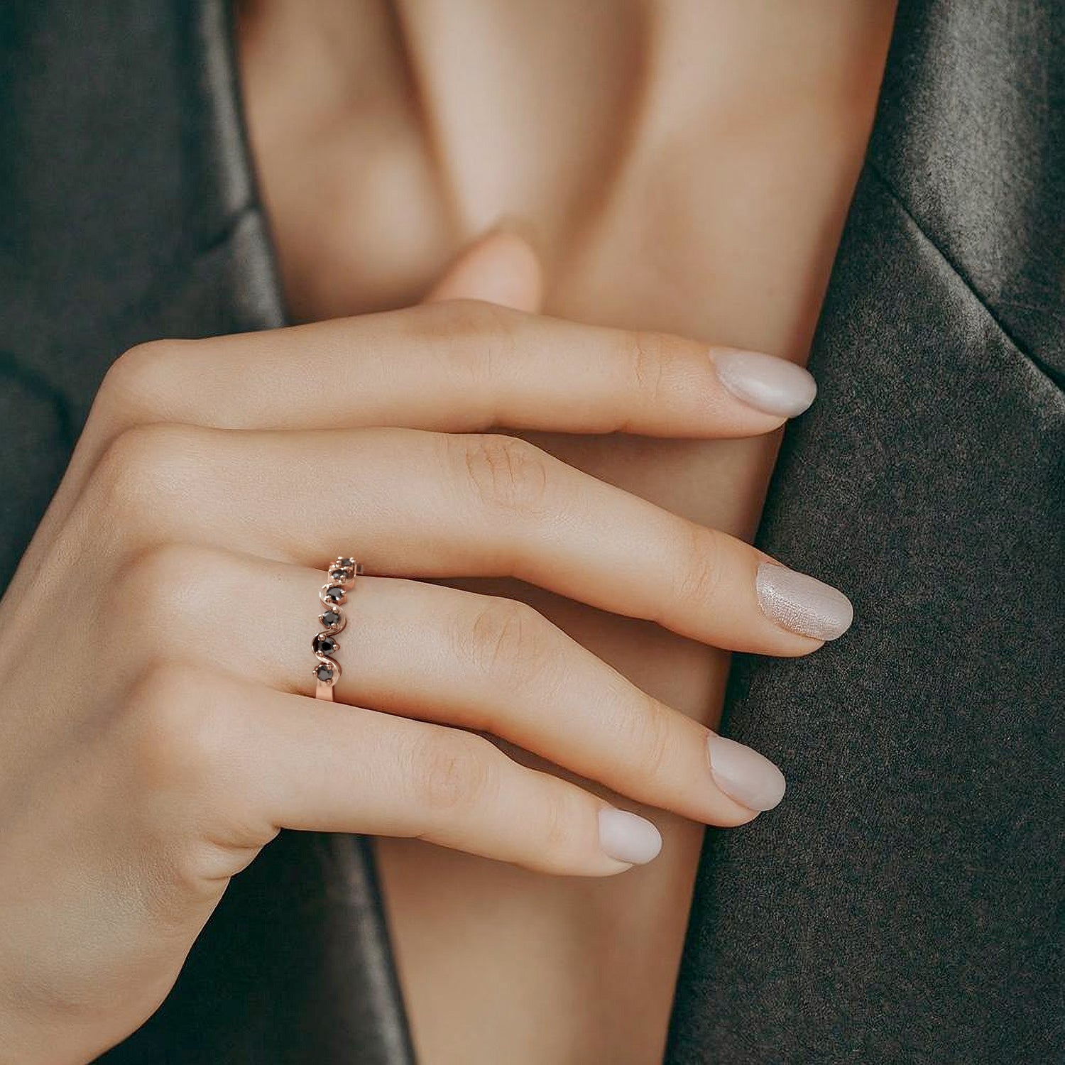 Wavey Natural Black Diamond Wedding RIng