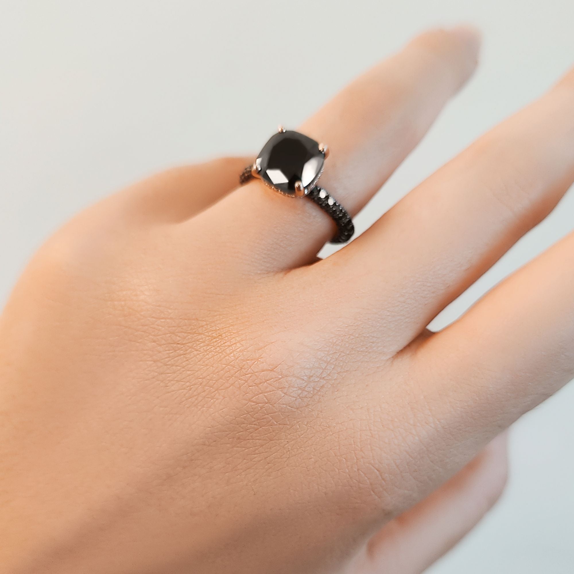 6.44 Carats Three-Sided Band Natural Black Diamond Cushion Engagement Ring