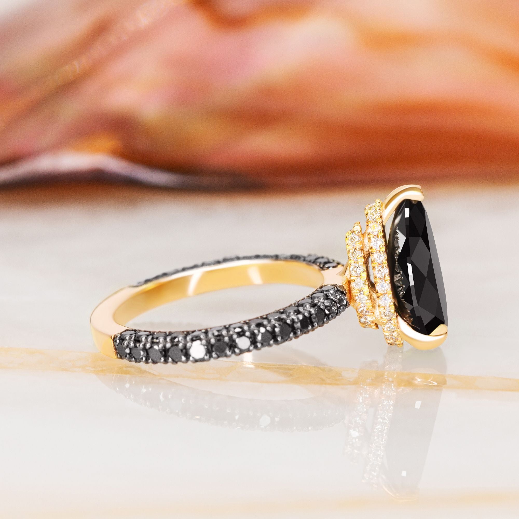 Three Sided Band Black & White Natural Diamond Pear Cut Engagement Ring