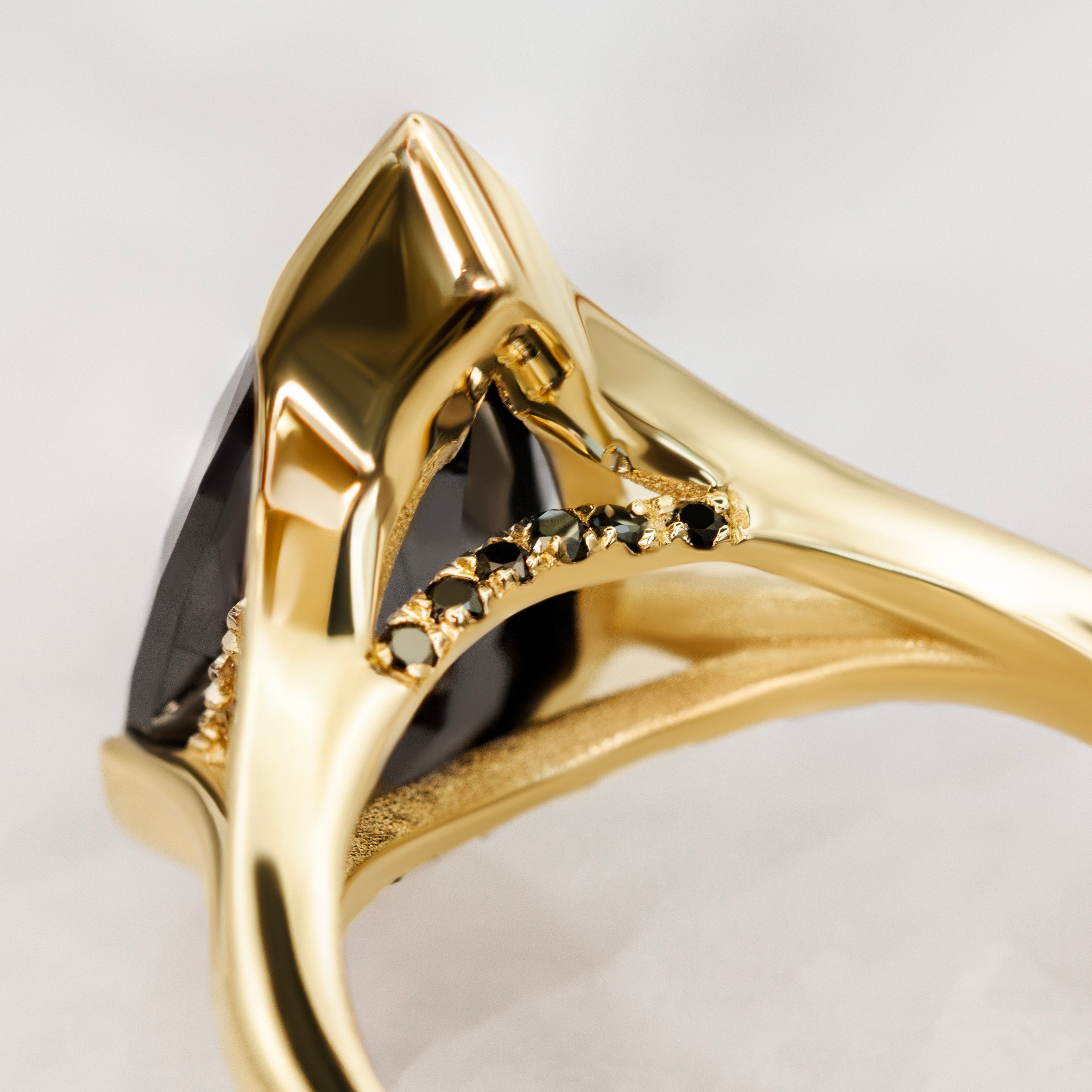 Semi Bezel Natural Black Diamond Elongated Pear Engagement Ring in Yellow Gold