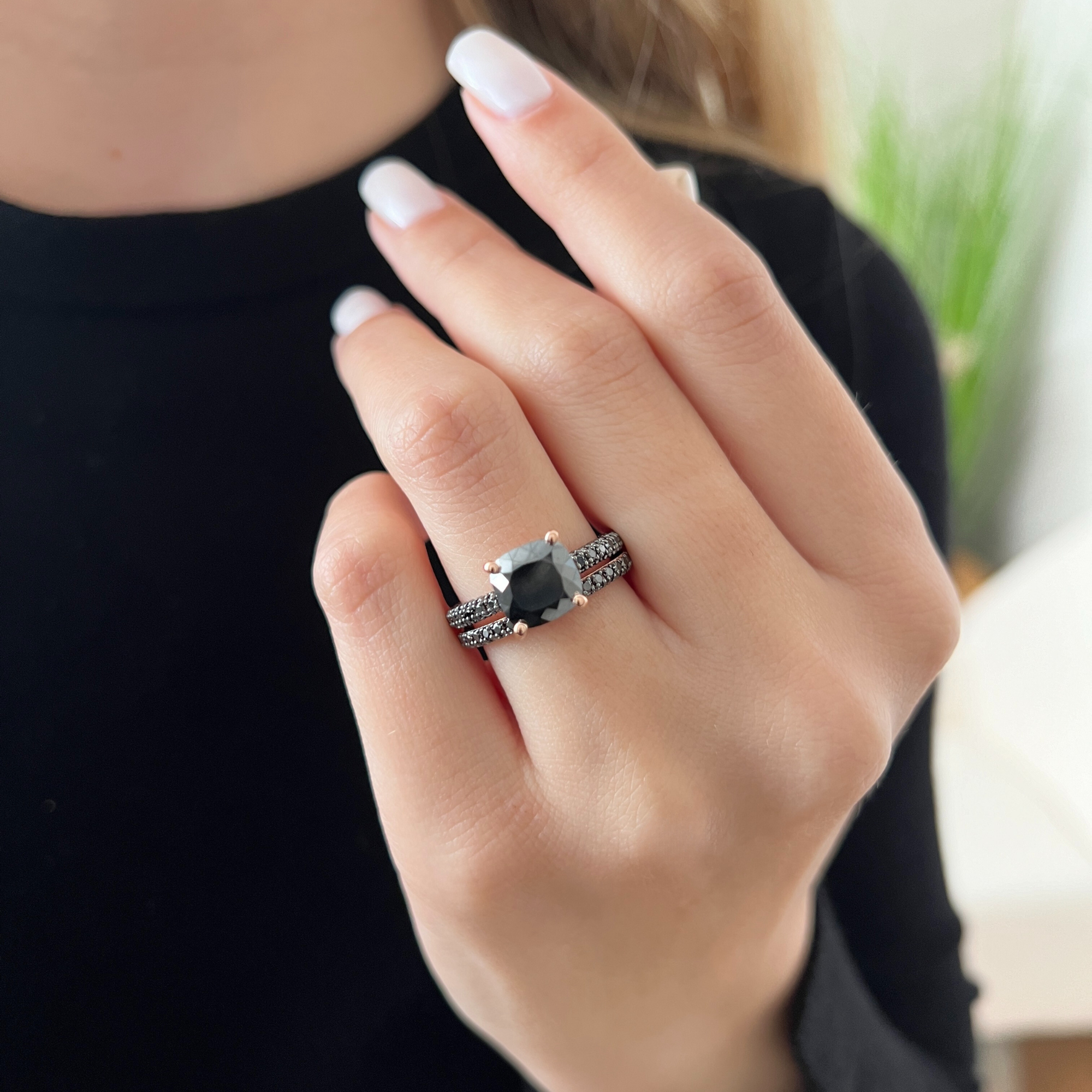 Pave Wedding Ring with Round Cut Natural Black Diamonds Rose Gold