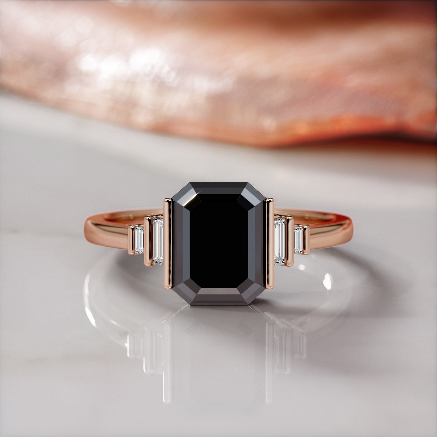 Art Deco Natural Black Diamond Emerald Engagement Ring in Rose Gold