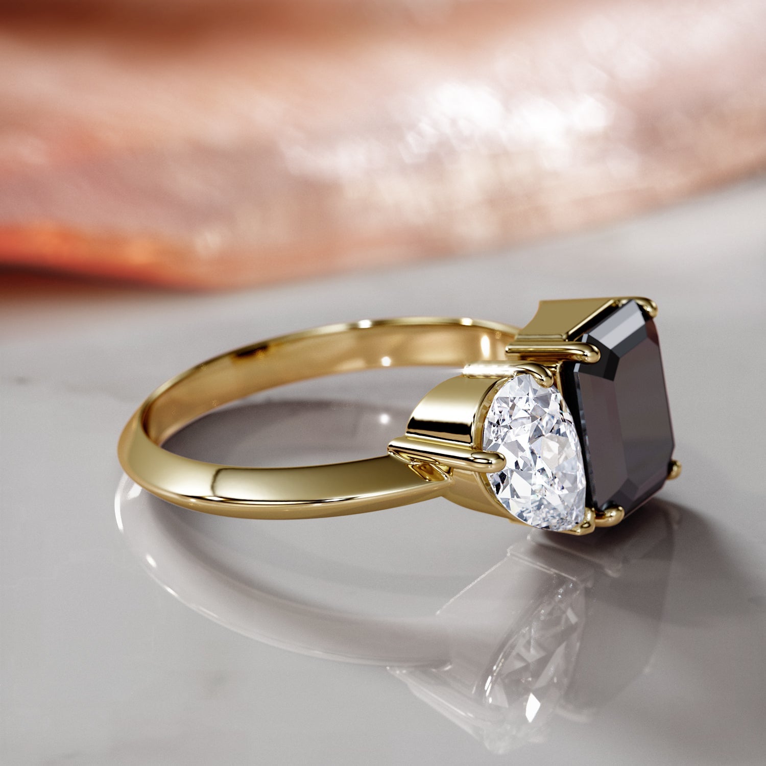Two Stone  Natural Black Diamond Emerald Cut Engagement Ring  in Yellow Gold