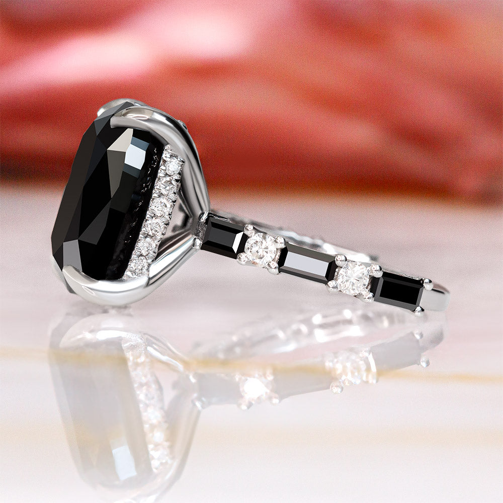 Art Deco  Natural Black Diamond Oval Engagement Ring