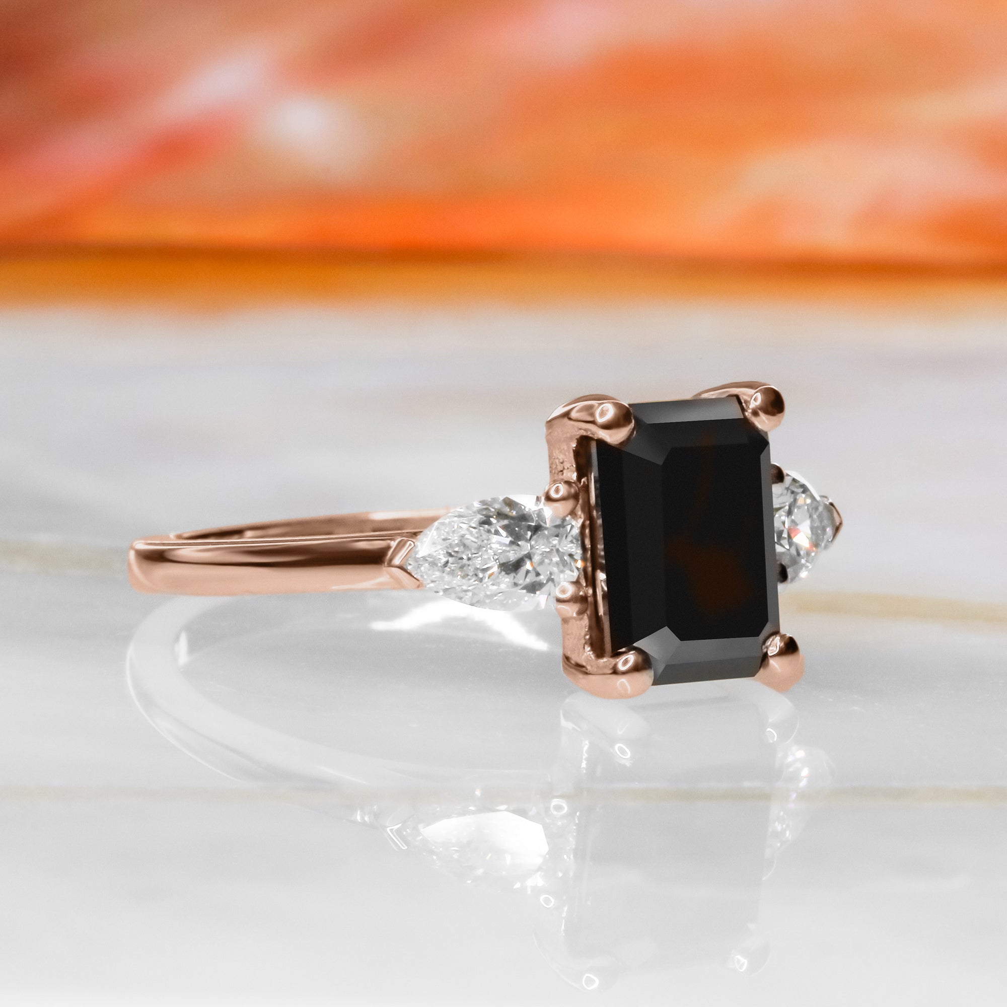 Kamari Three Stone Black & White Natural Diamond Emerald Cut Engagement Ring