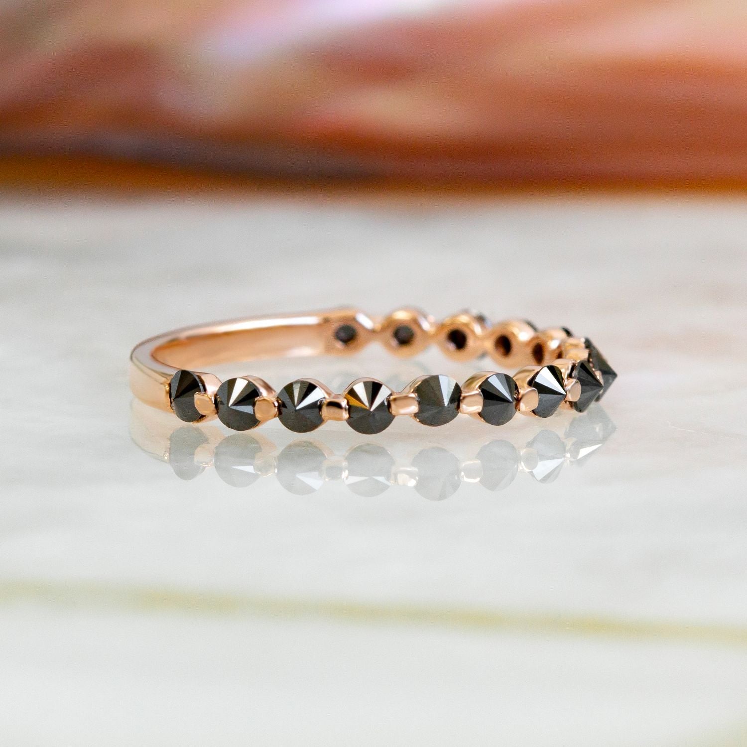 Unique Wedding Ring with Round Cut Natural Black Diamonds in Rose Gold