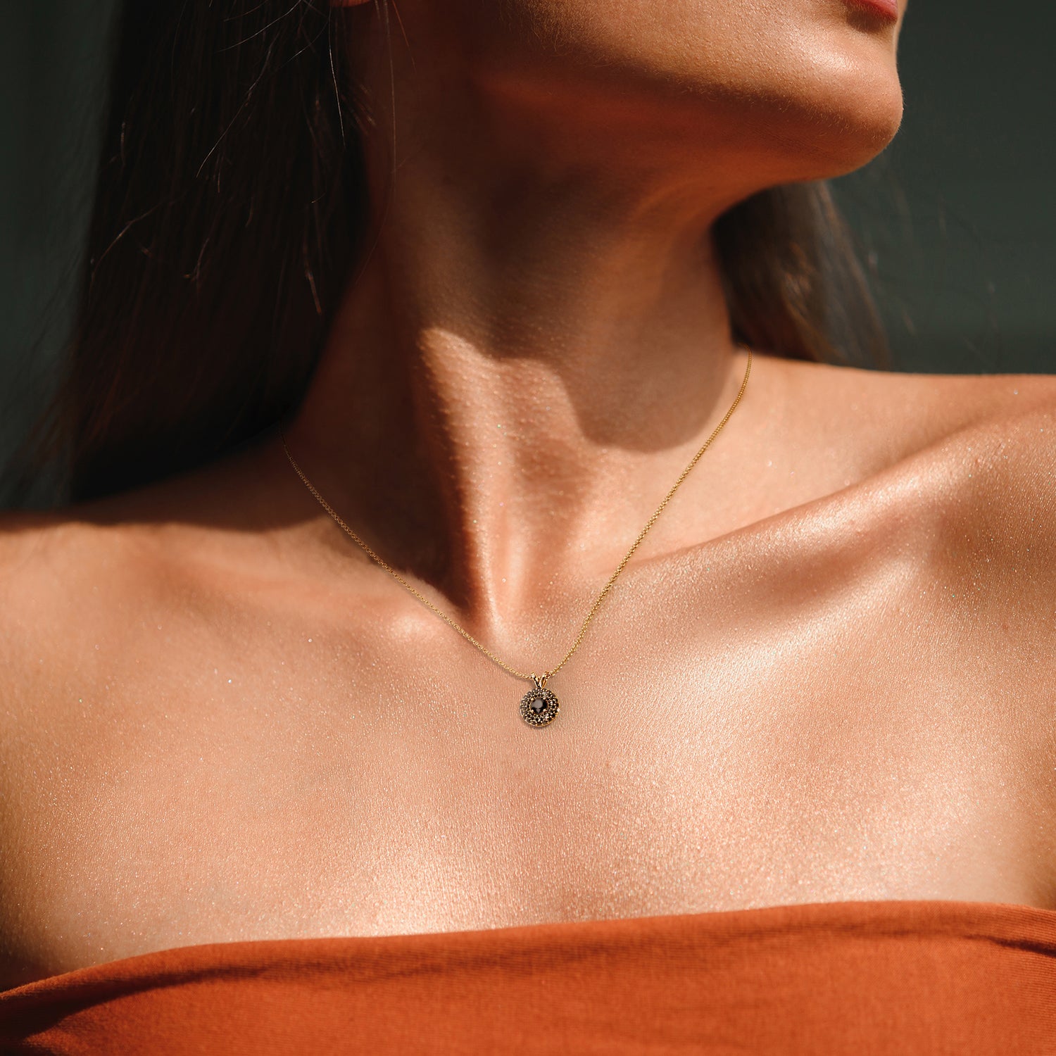 Halo Natural Black Diamond Round Pendant with Necklace